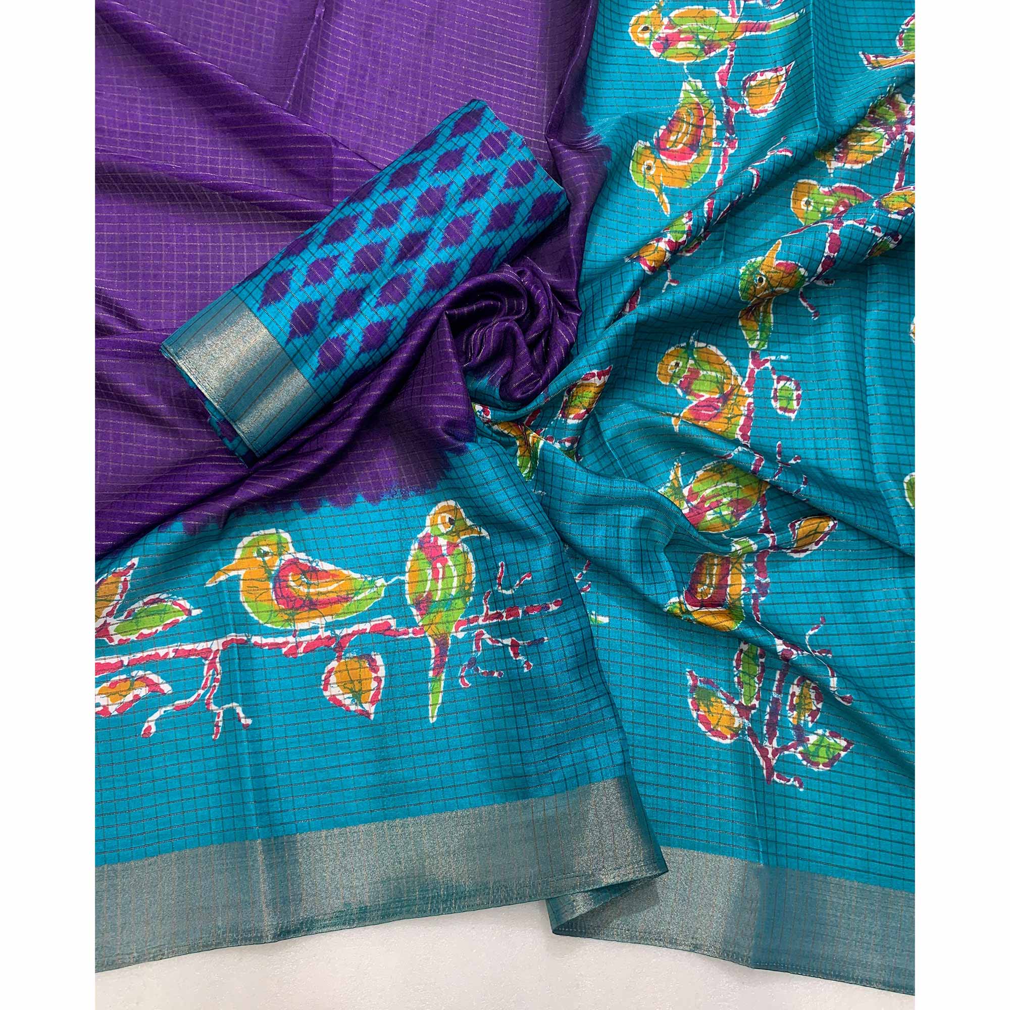 Purple Georgette Saree Adorned With Elegant Bird Embroidery - Image 4