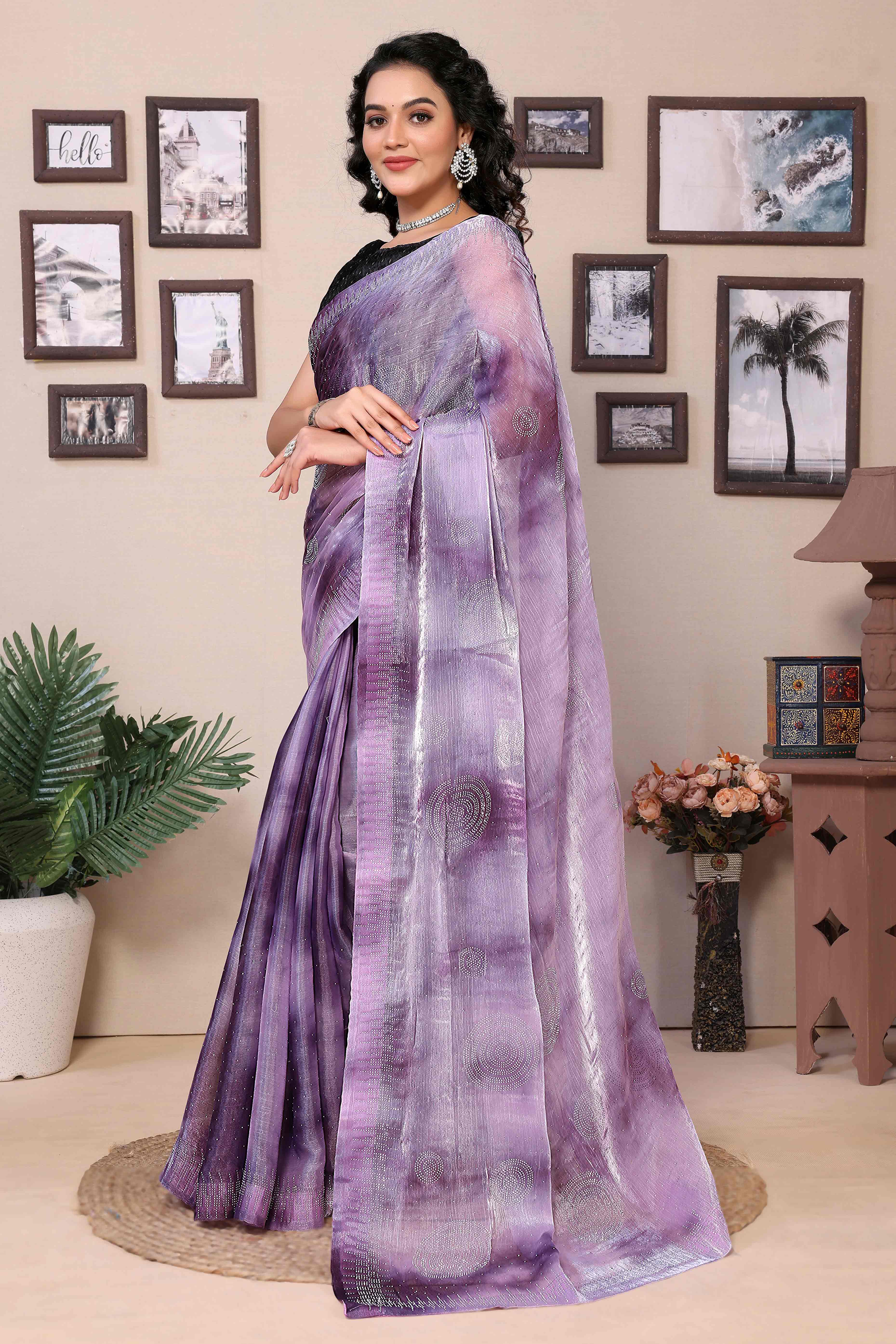 Purple Printed With Diamond Work Zimmi Choo Organza Ready To Wear Saree - Image 4