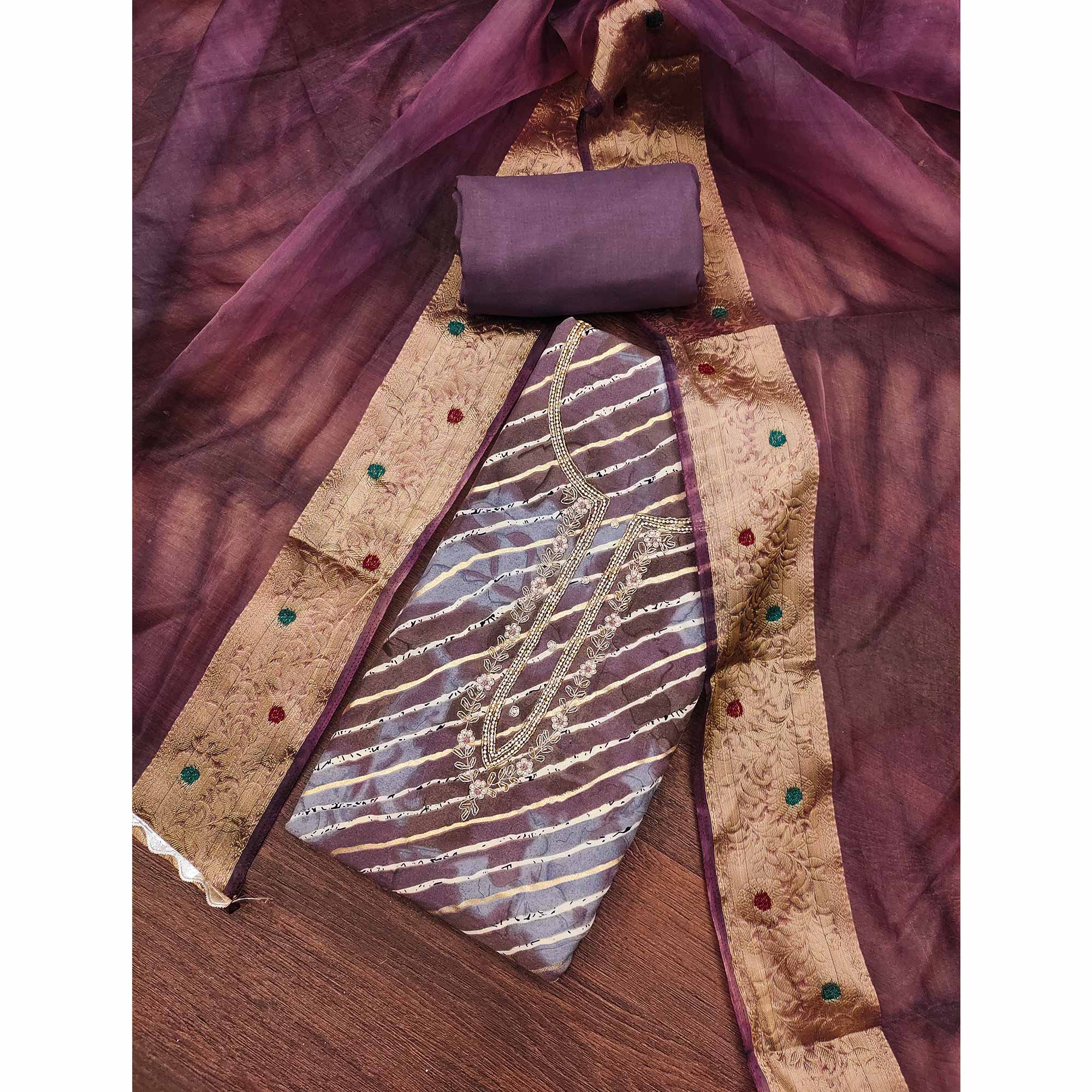Purple Printed With Intricate Moti Handwork Jam Cotton Dress Material - Image 3
