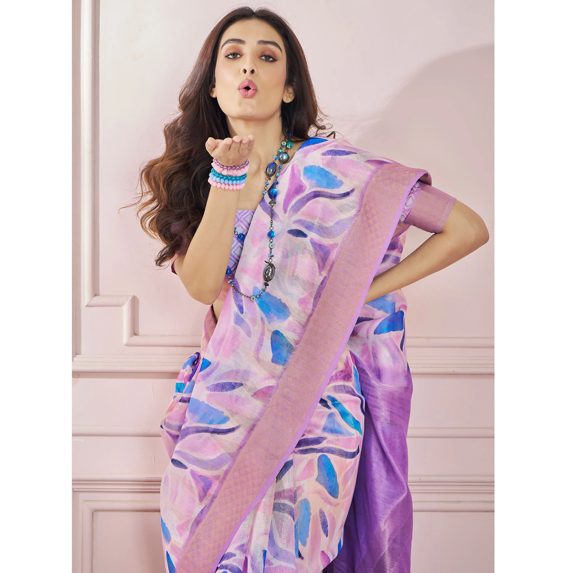 Purple Printed Woven Soft Banarasi Silk Saree - Image 6