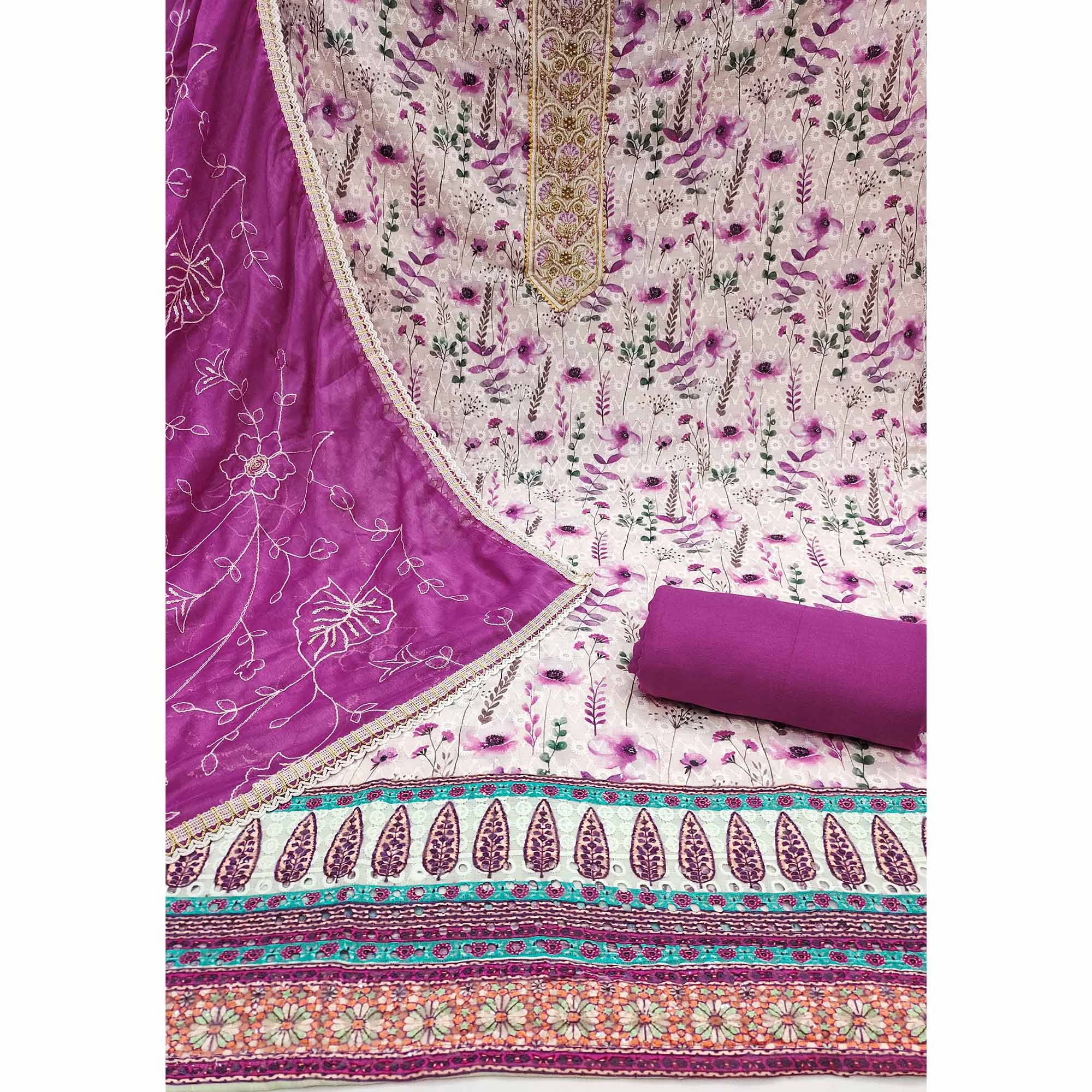 Purple Pure Cotton Dress Material With Digital Florals & Handcrafted Sequins Embroidery - Image 4