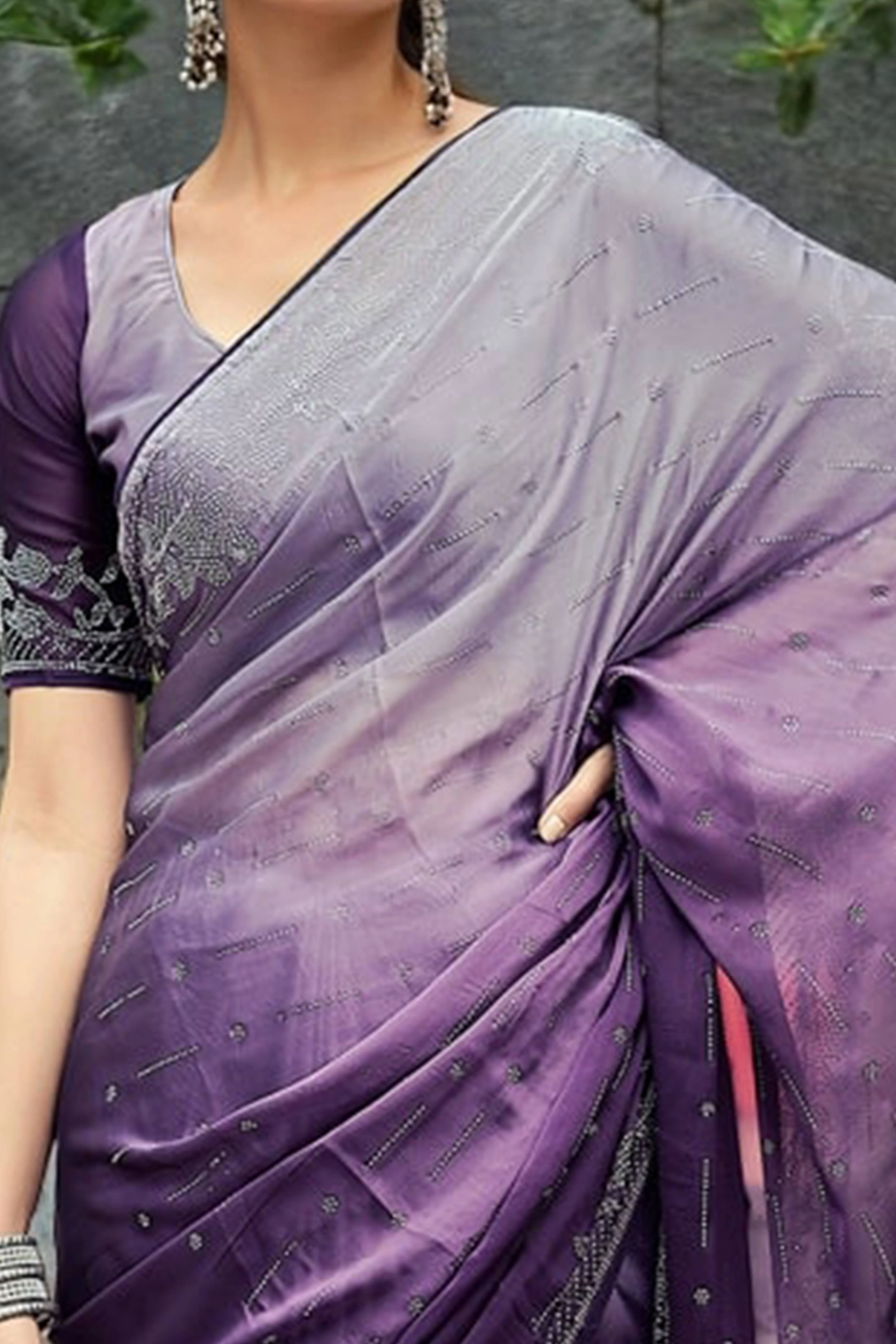 Purple Rangoli Dola Silk Saree Adorned With Gleaming Swarovski Work & Classic Floral Border - Image 2