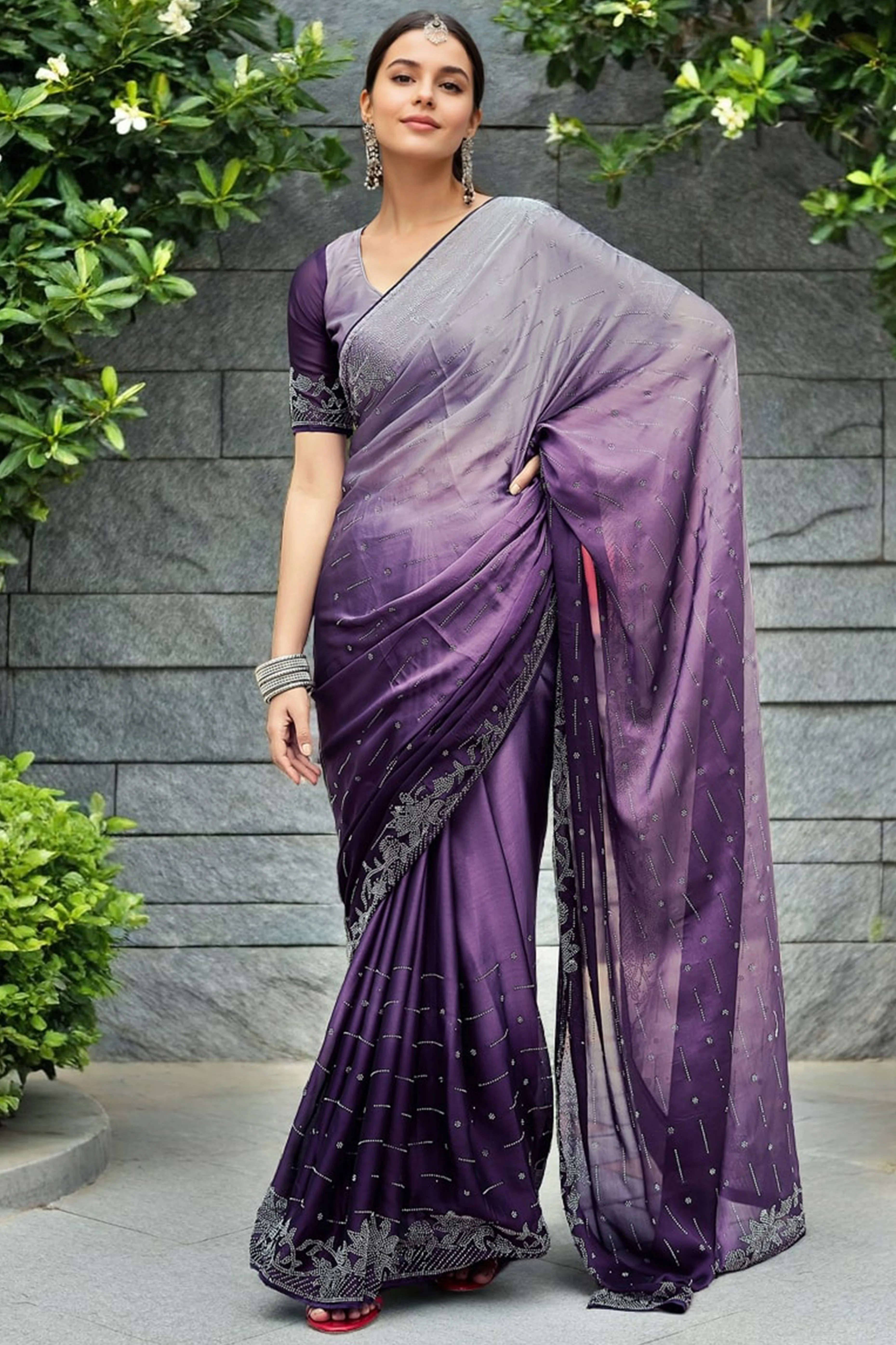 Purple Rangoli Dola Silk Saree Adorned With Gleaming Swarovski Work & Classic Floral Border - Image 3
