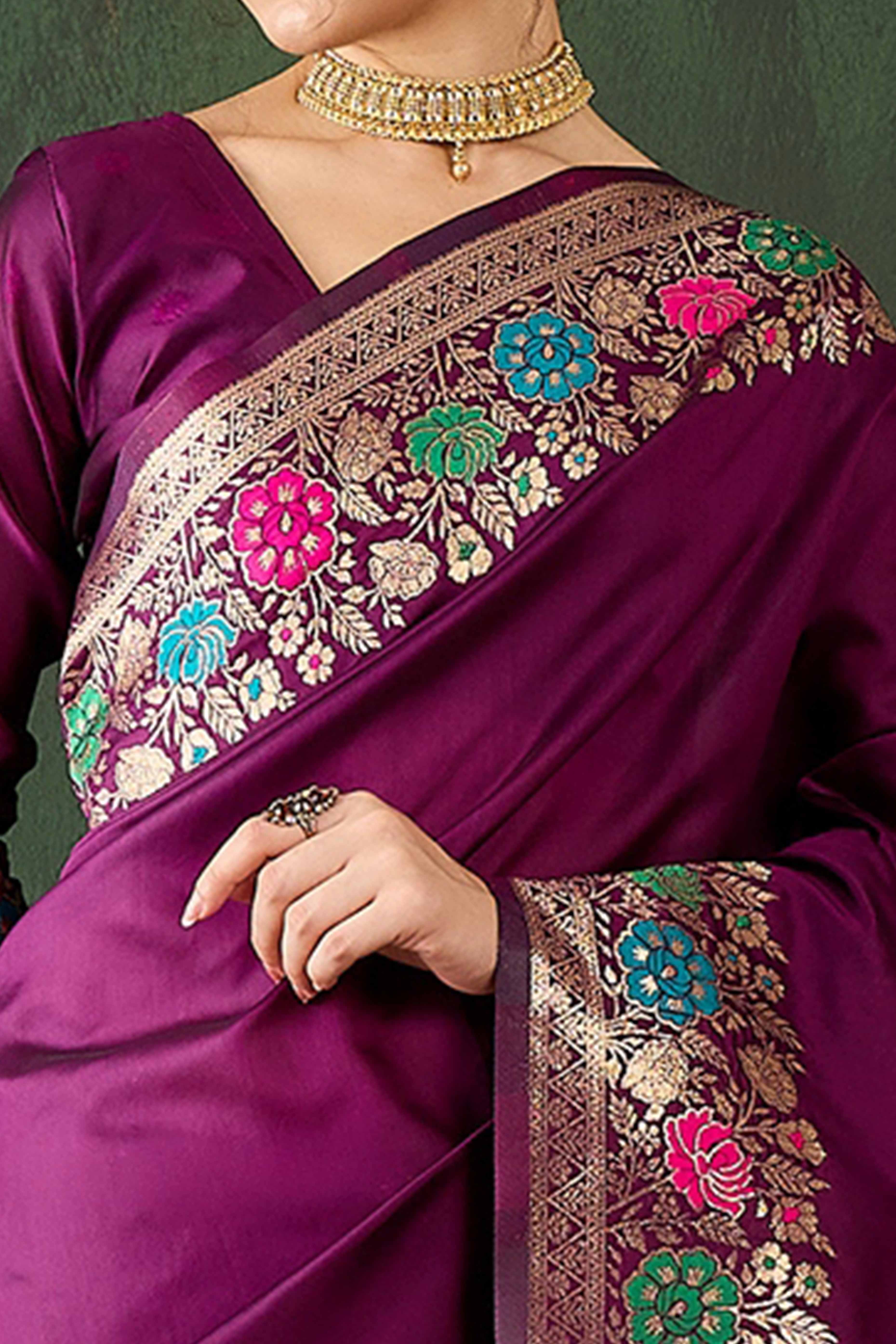 Purple Saree In Poly Silk Blend Featuring Floral Zari Weaving & Tassel Accents - Image 2