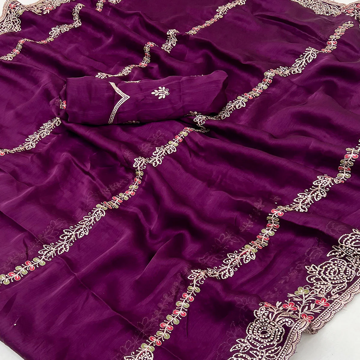 Purple Satin Chiffon Saree Adorned with Intricate Floral Embroidery - Image 2