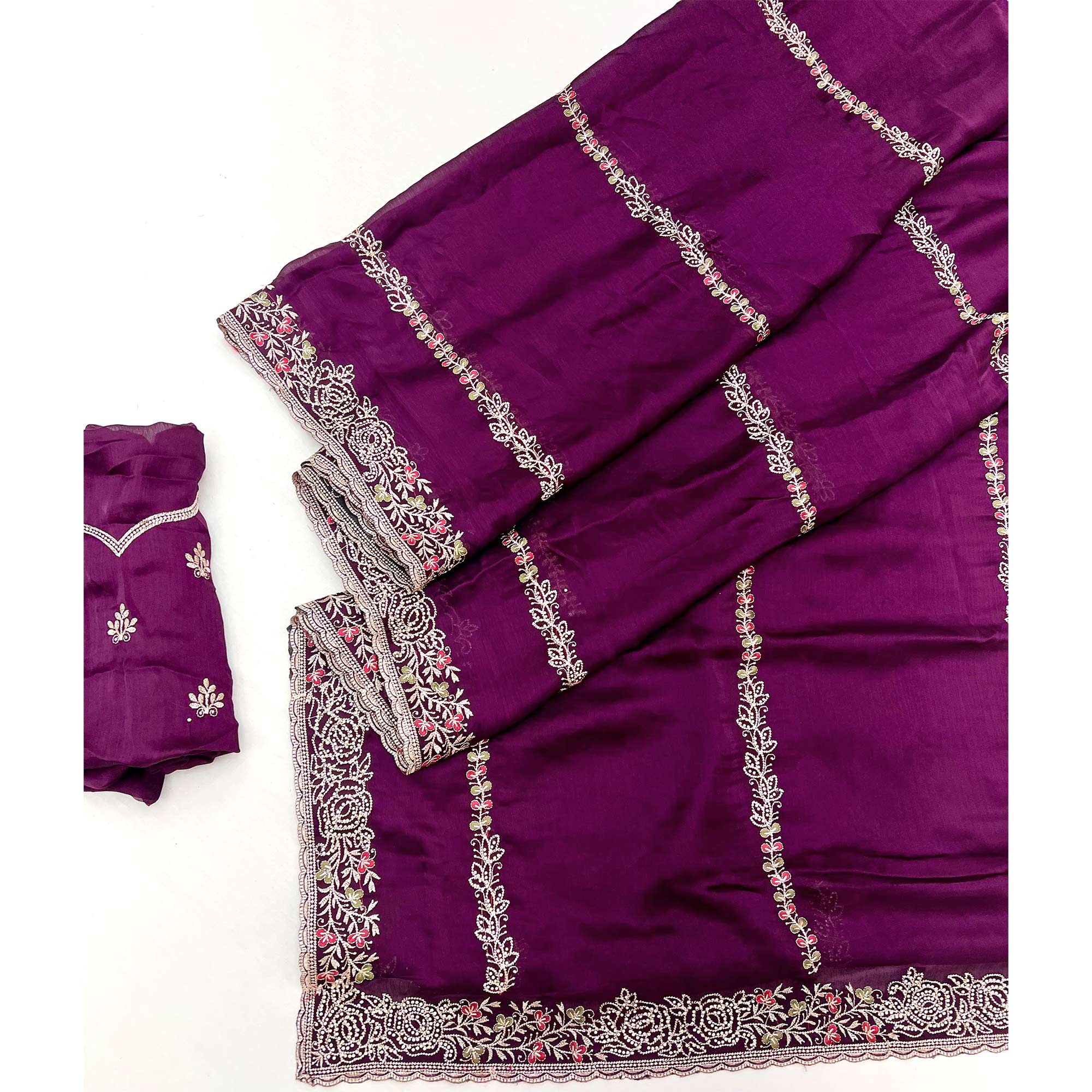 Purple Satin Chiffon Saree Adorned with Intricate Floral Embroidery - Image 3