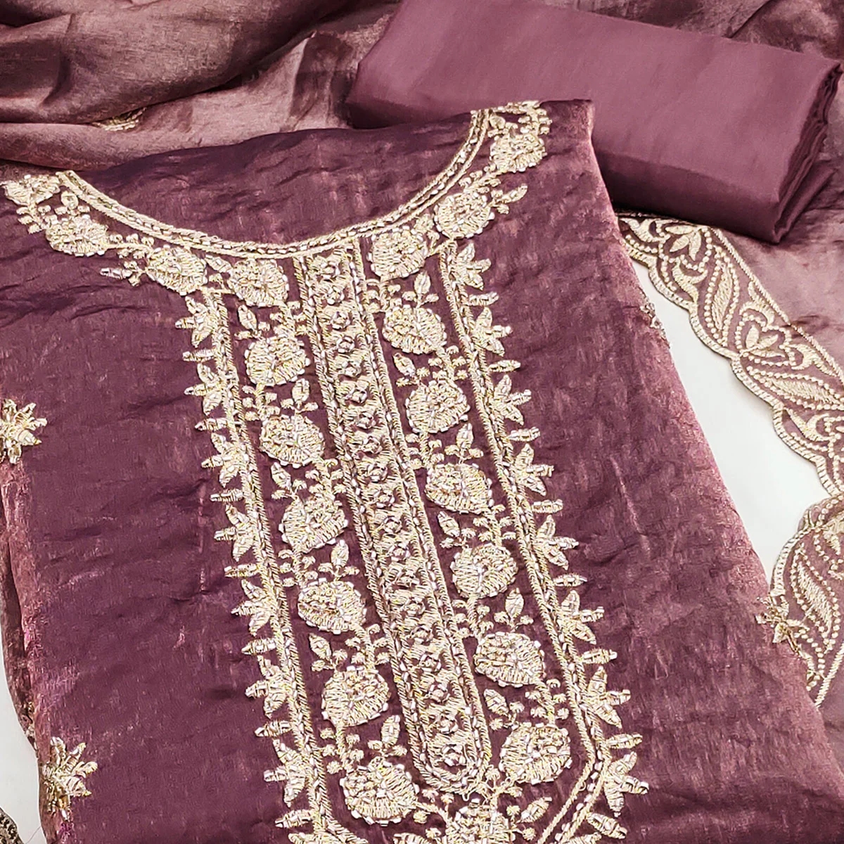 Purple Satin Dress Material Featuring Exquisite Floral Embroidery With Detailed Handwork Accents - Image 2