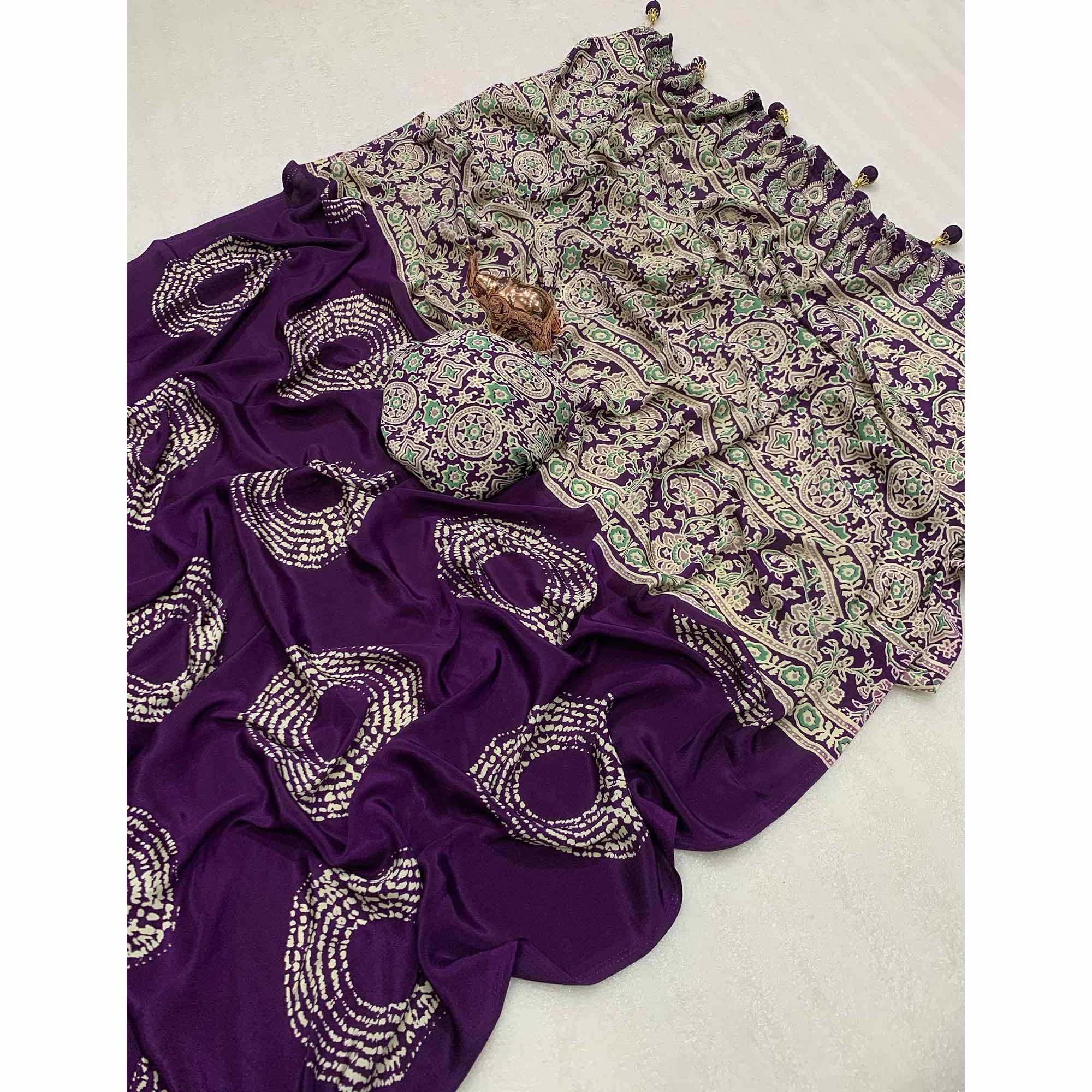 Purple Satin Saree Adorned With Authentic Ajrakh Print & Stylish Tassel Pallu - Image 3