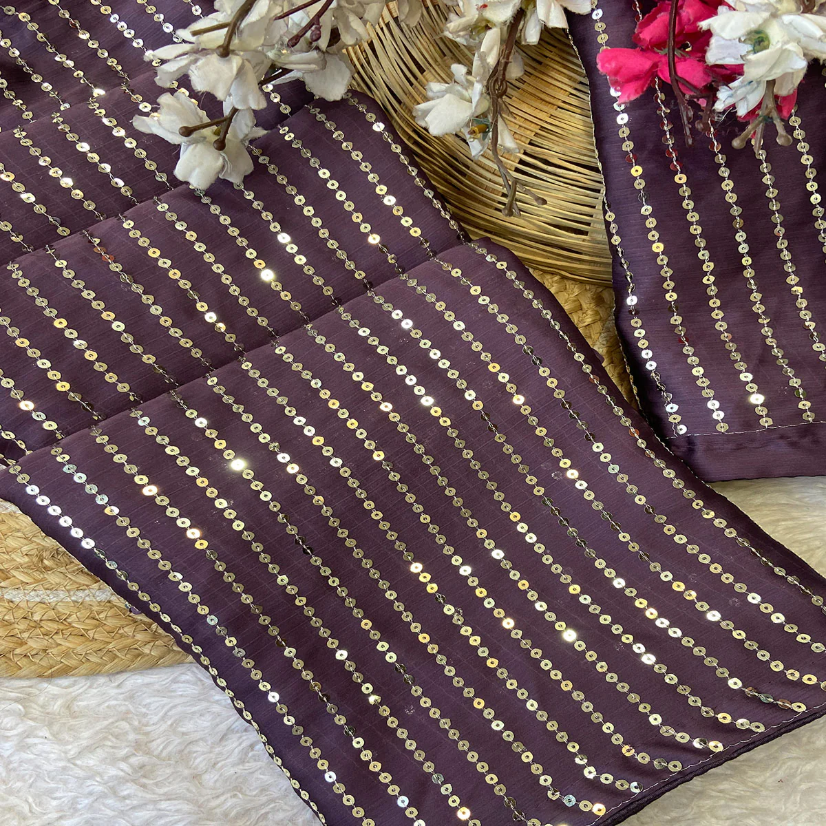 Purple Satin Saree With Shimmering Striped Sequins Embroidered Detailing - Image 2