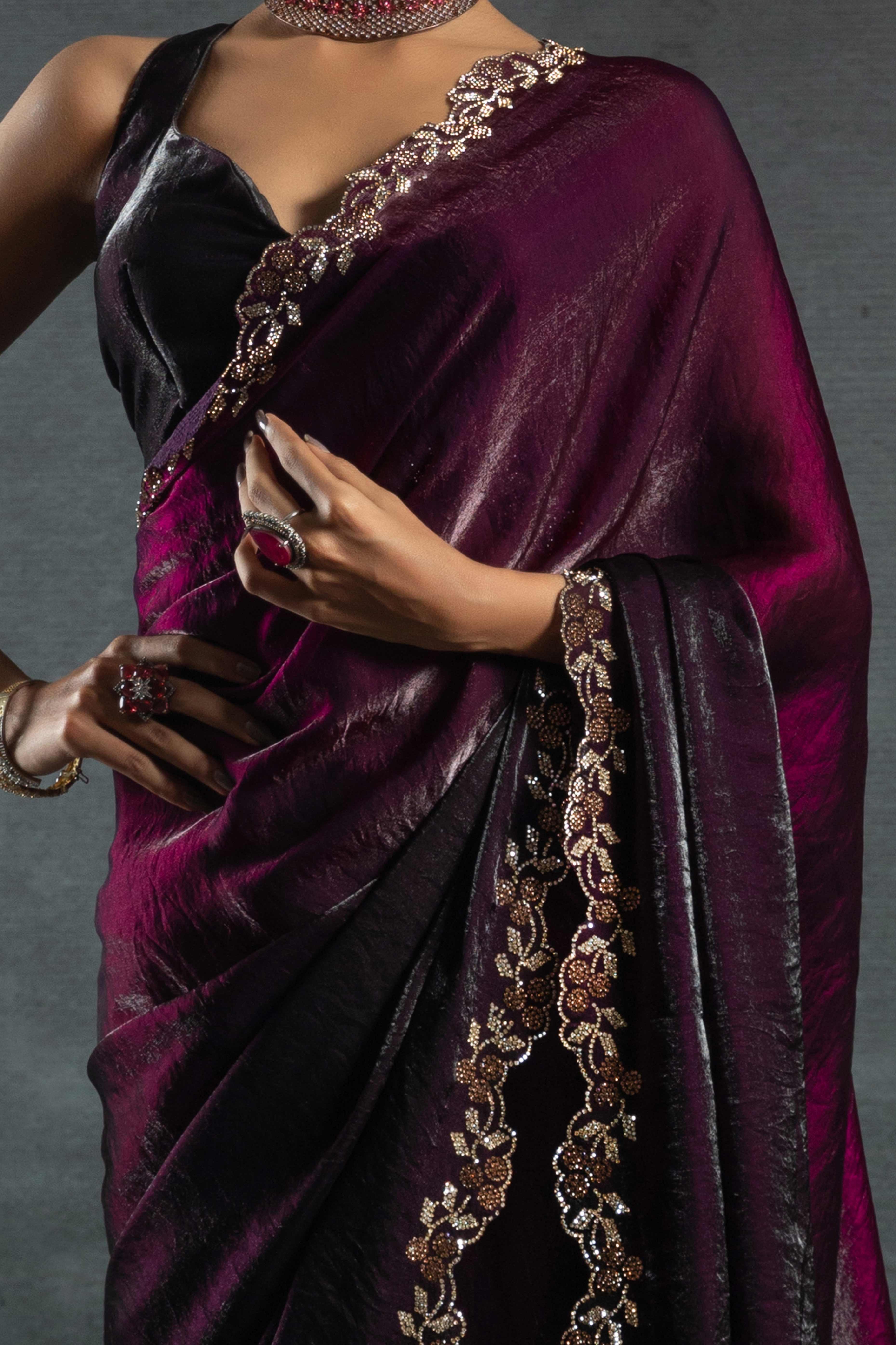 Purple Satin Silk Two Tone Saree with Intricate Zarkan Embellishments - Image 2