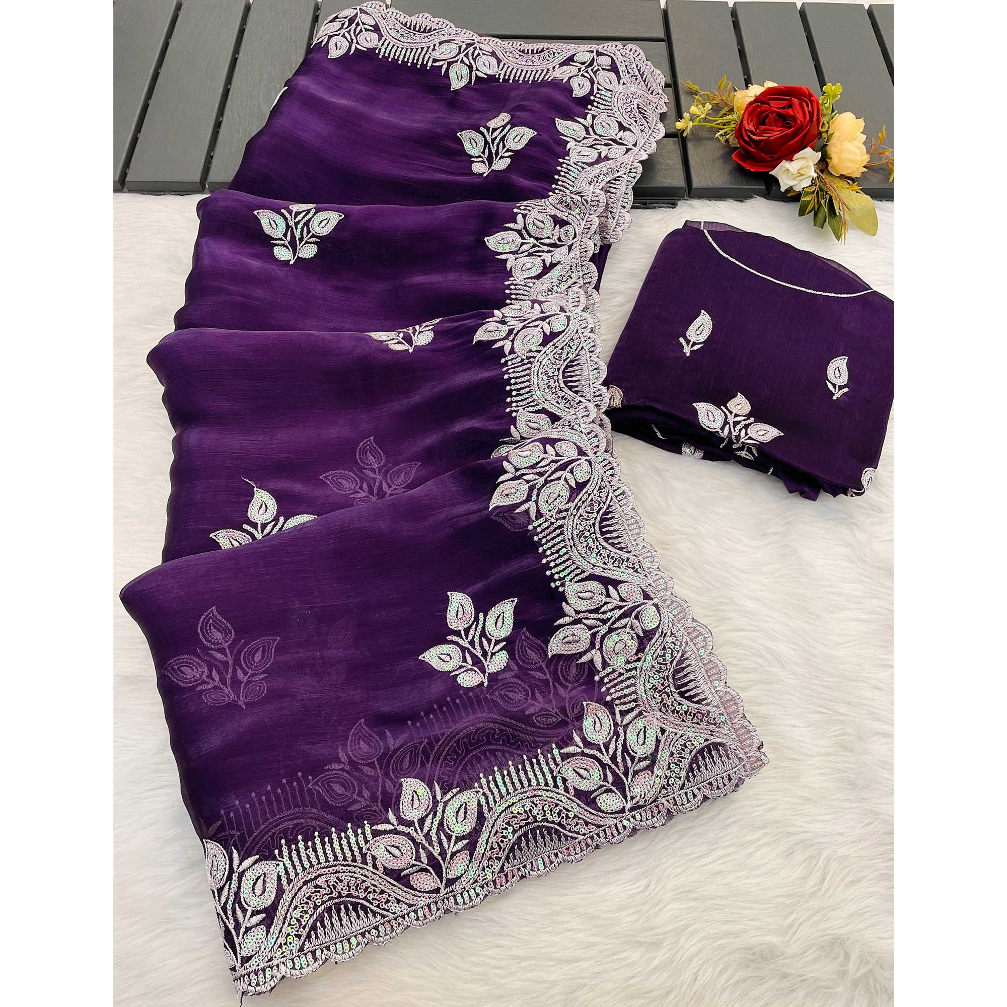 Purple Sequins Embroidered Chiffon Saree - Image 4