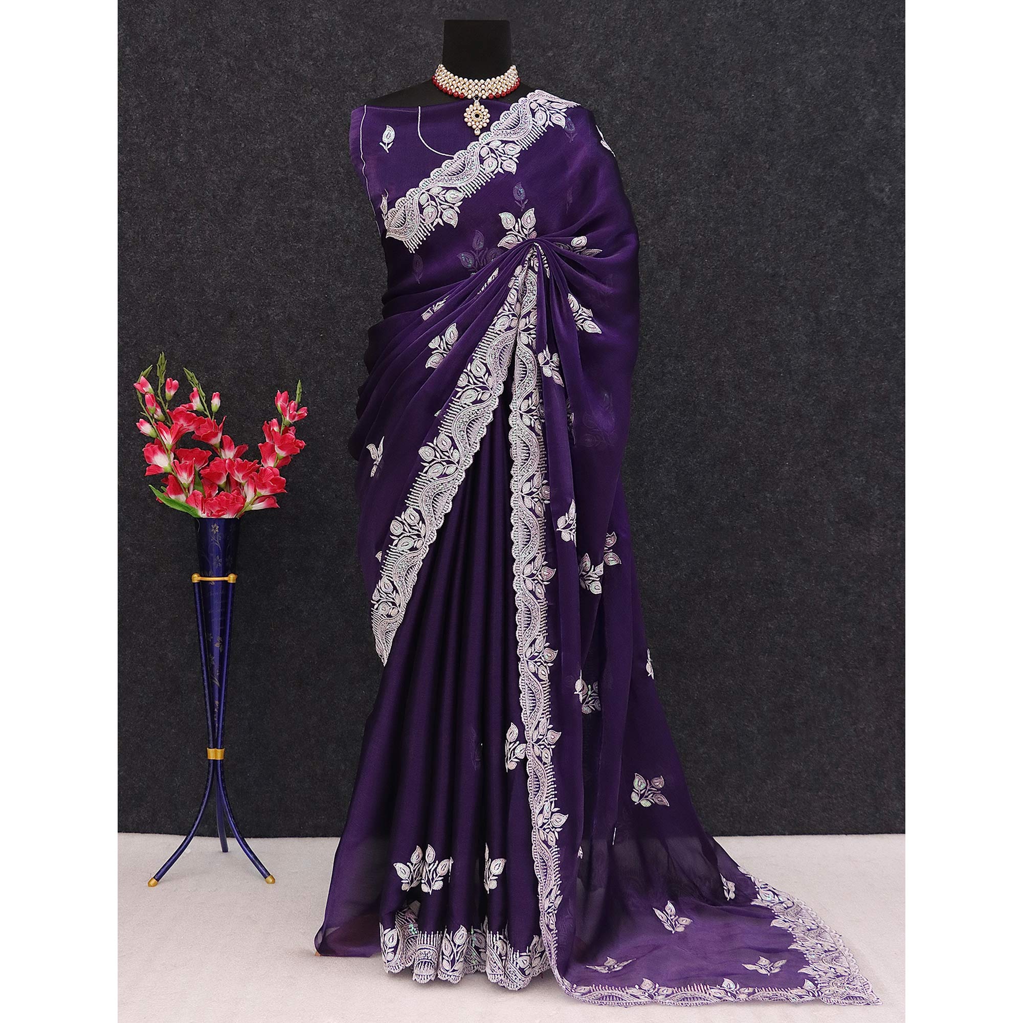 Purple Sequins Embroidered Chiffon Saree - Image 6