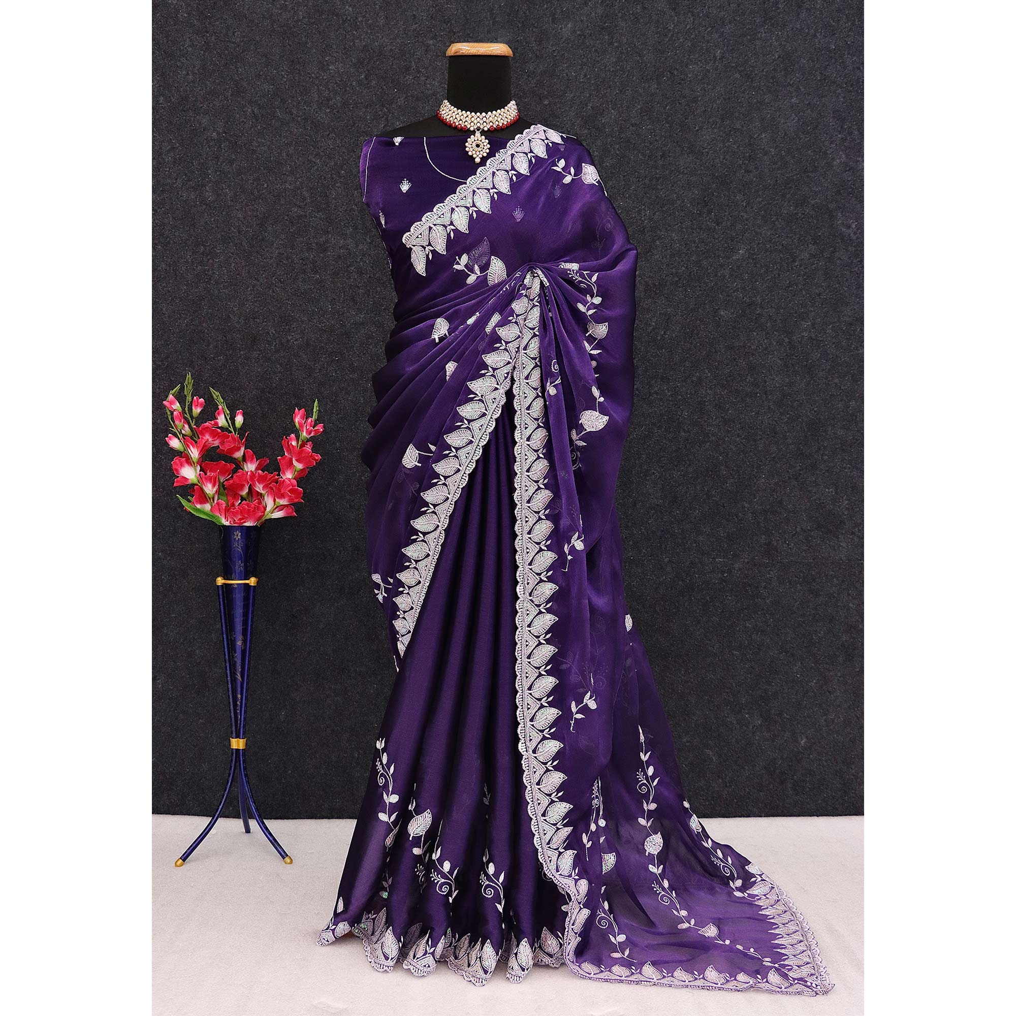 Purple Sequins Embroidered Chiffon Saree - Image 5