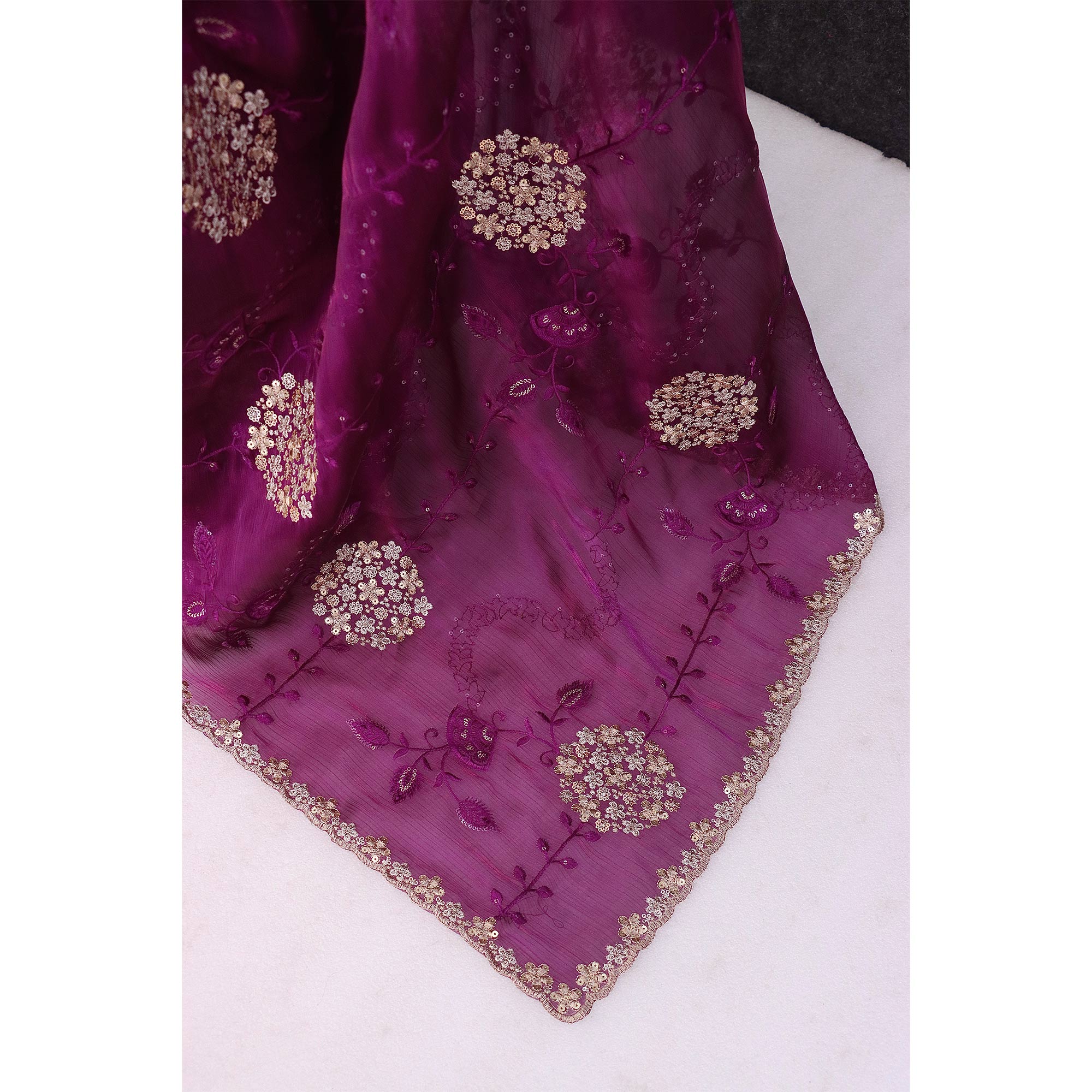 Purple Sequins Embroidered Chiffon Saree - Image 5