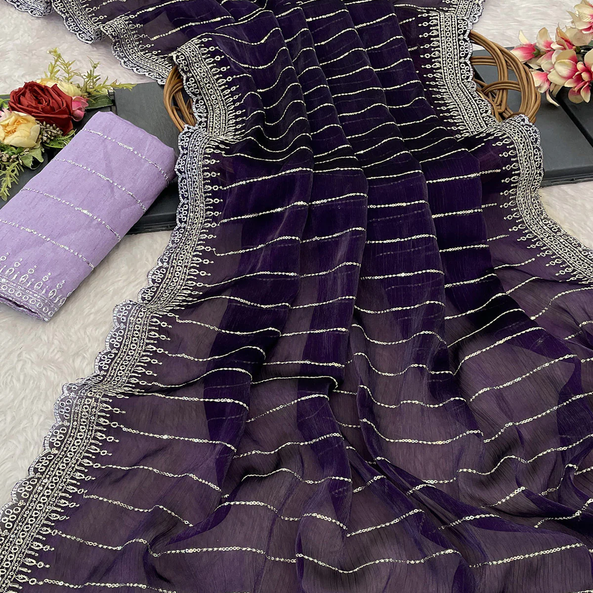 Purple Sequins Embroidered Chiffon Saree - Image 2
