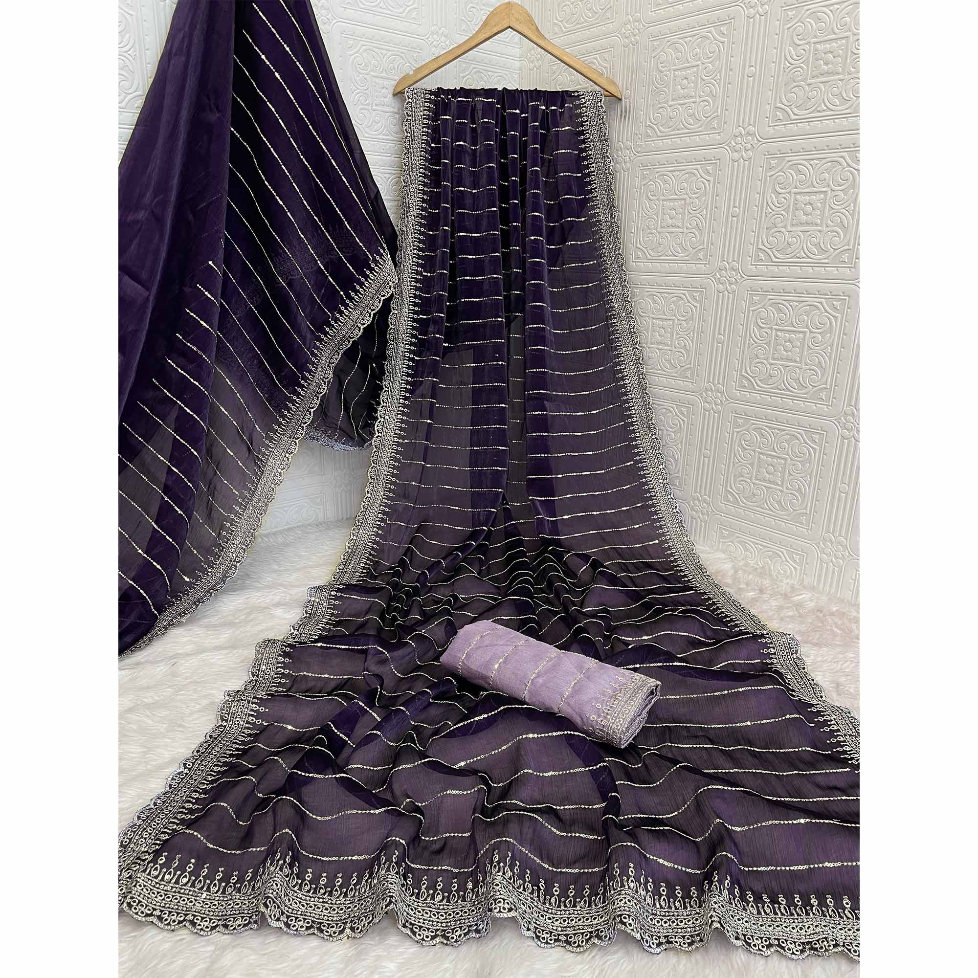 Purple Sequins Embroidered Chiffon Saree - Image 4