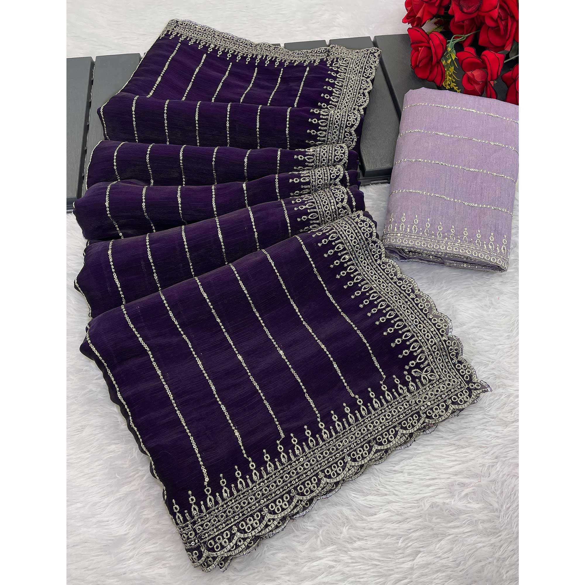 Purple Sequins Embroidered Chiffon Saree - Image 5