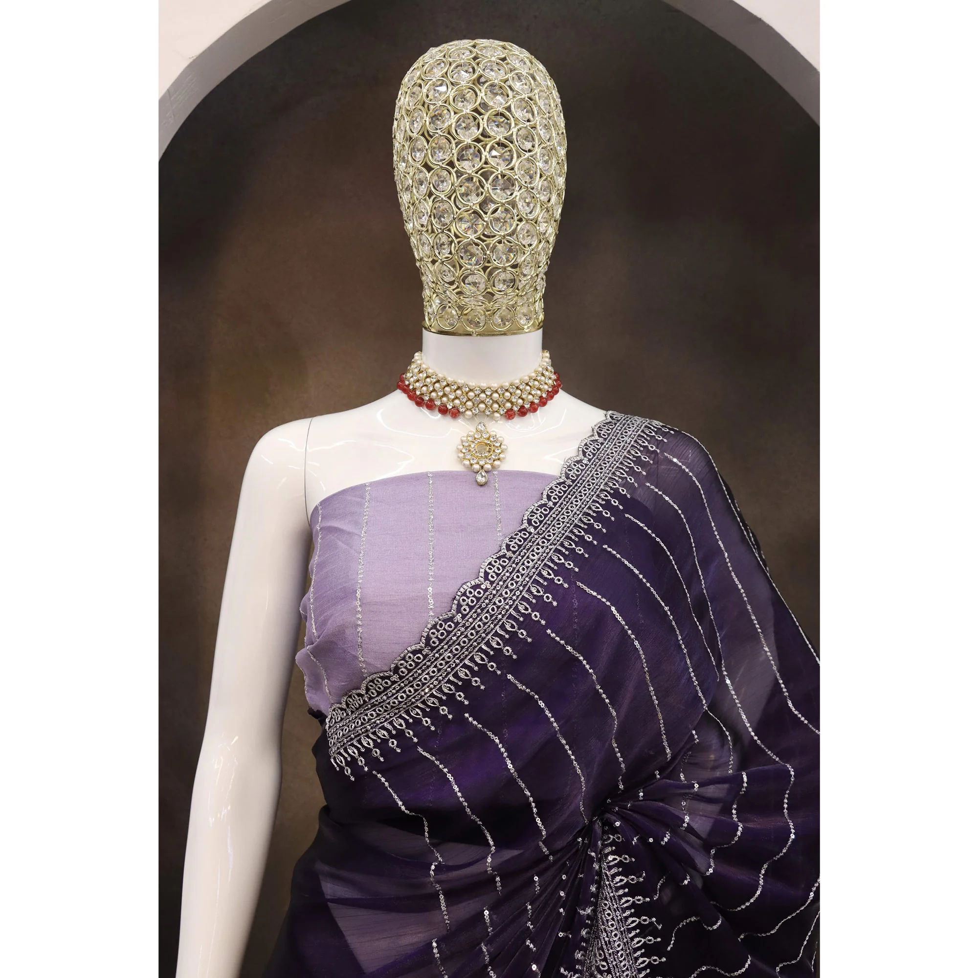 Purple Sequins Embroidered Chiffon Saree - Image 7
