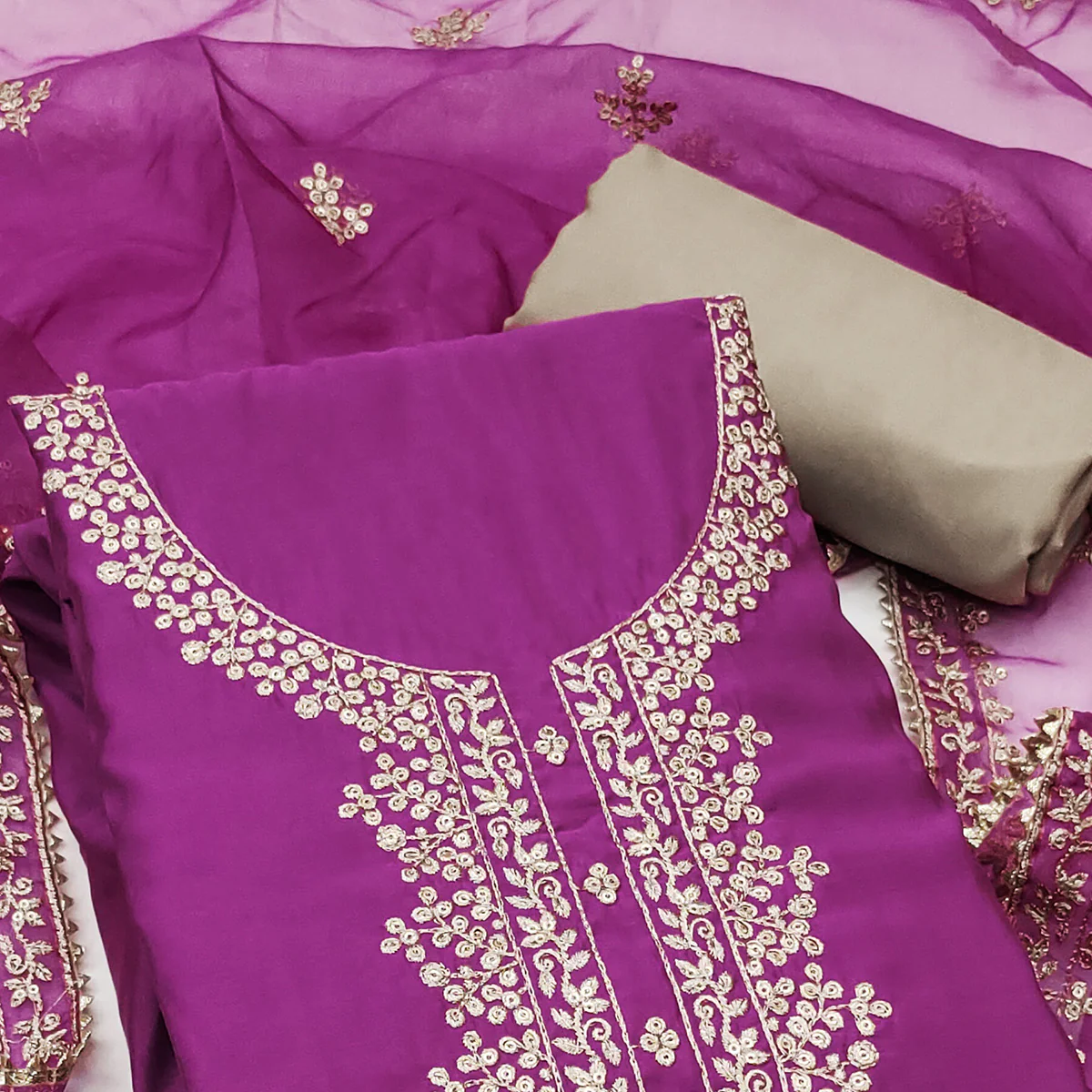 Purple Sequins Embroidered Cotton Silk Dress Material - Image 2