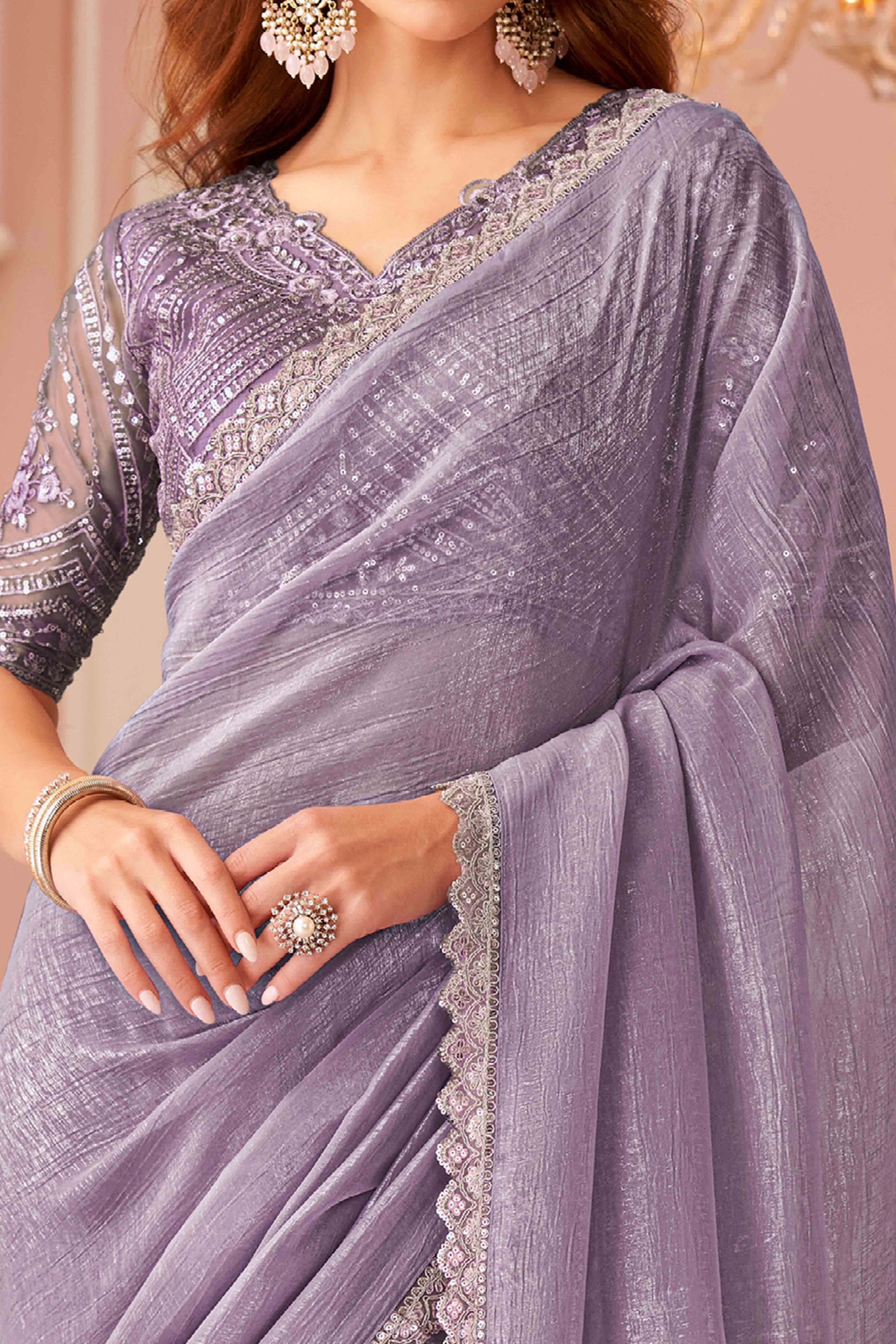 Purple Sequins Embroidered Georgette Saree - Image 2