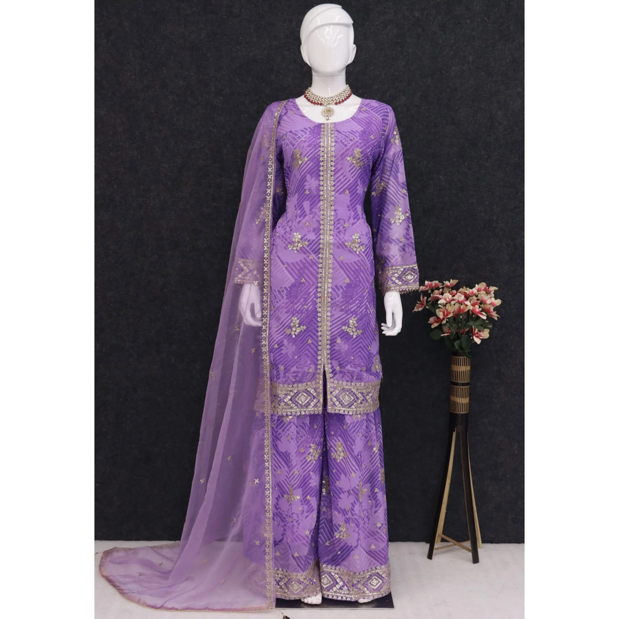 Purple Sequins Embroidered Georgette Sharara Suit - Image 3
