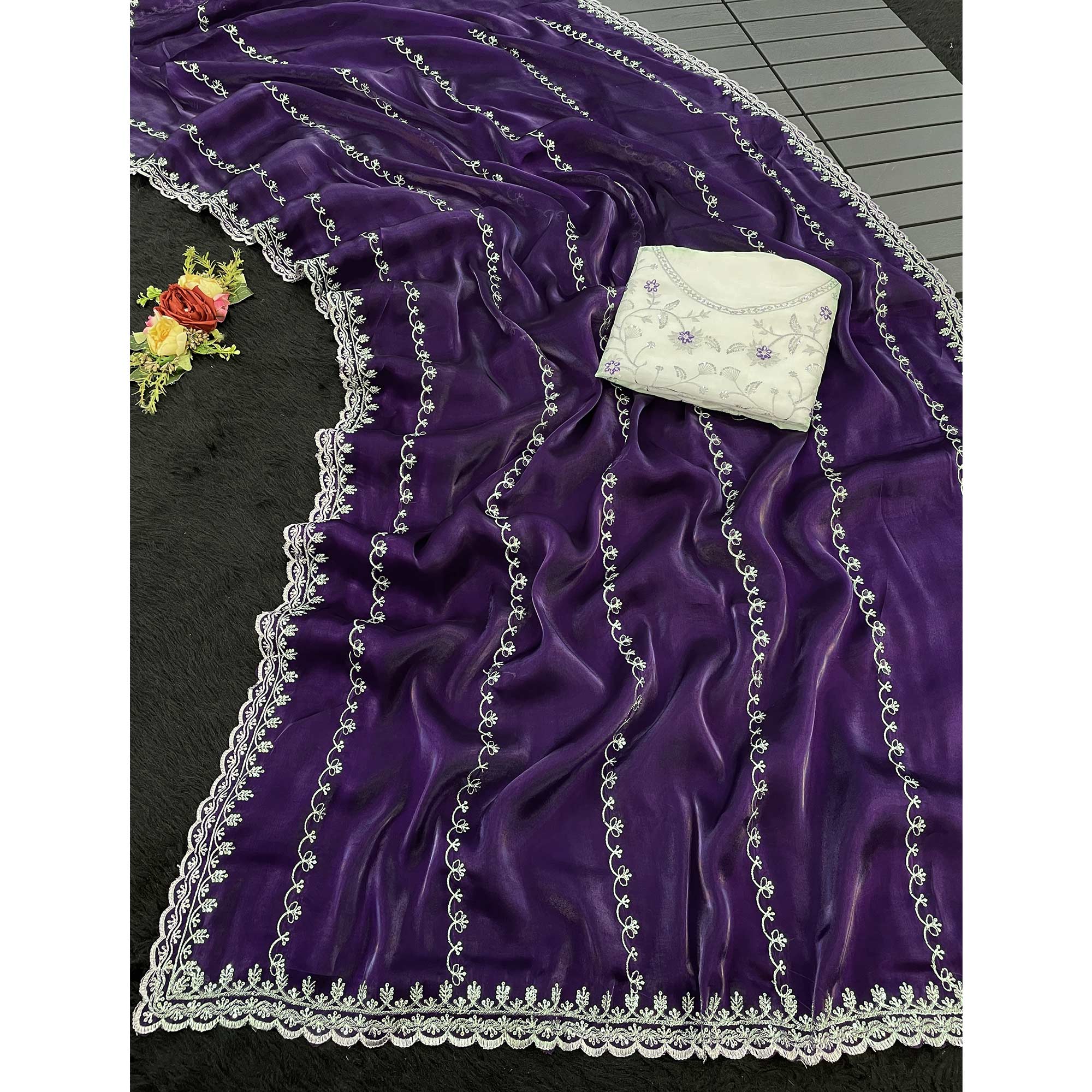 Purple Sequins Embroidered Satin Saree - Image 3