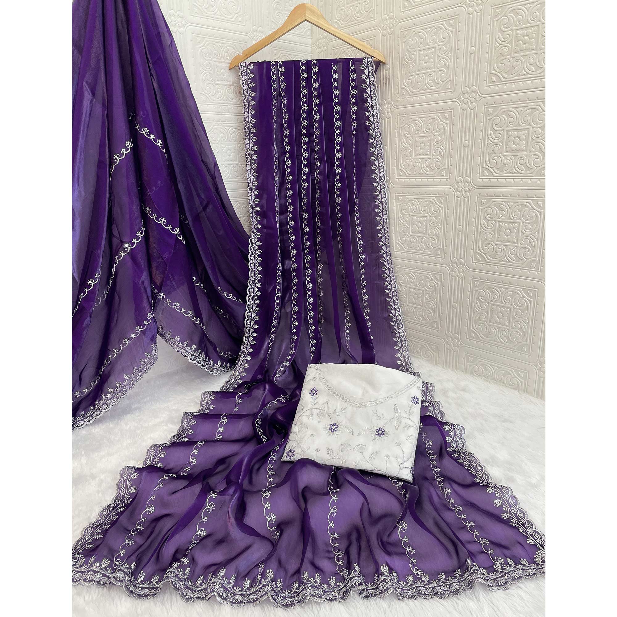 Purple Sequins Embroidered Satin Saree - Image 4