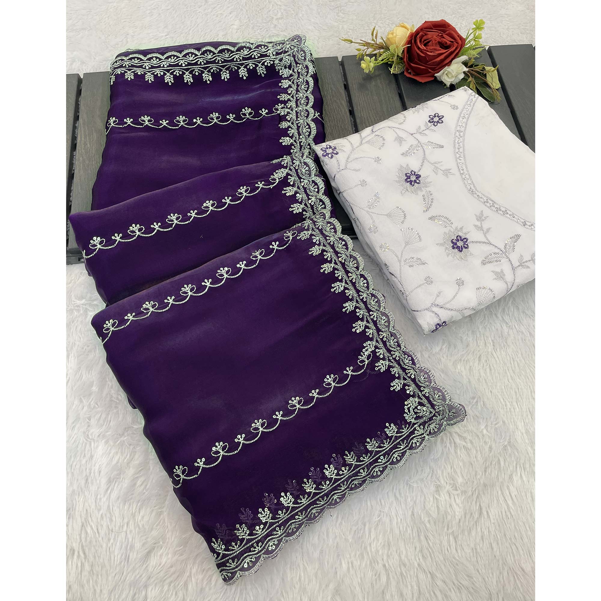 Purple Sequins Embroidered Satin Saree - Image 5