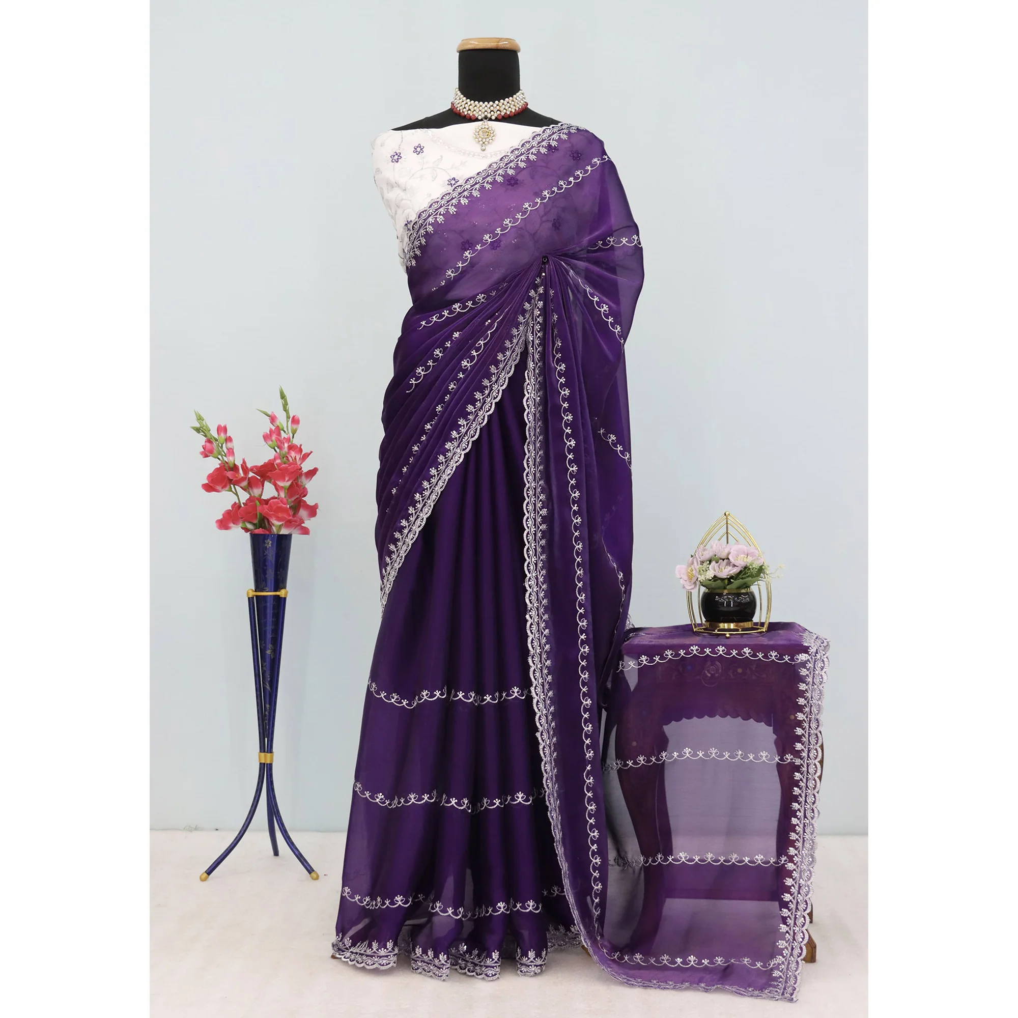 Purple Sequins Embroidered Satin Saree - Image 6