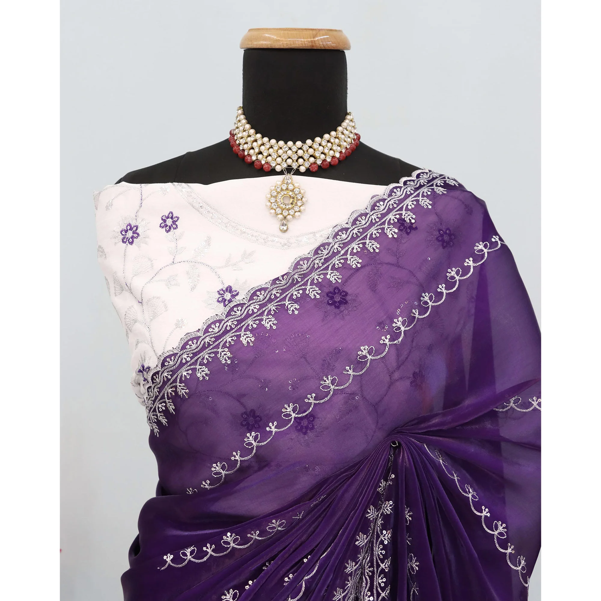 Purple Sequins Embroidered Satin Saree - Image 7