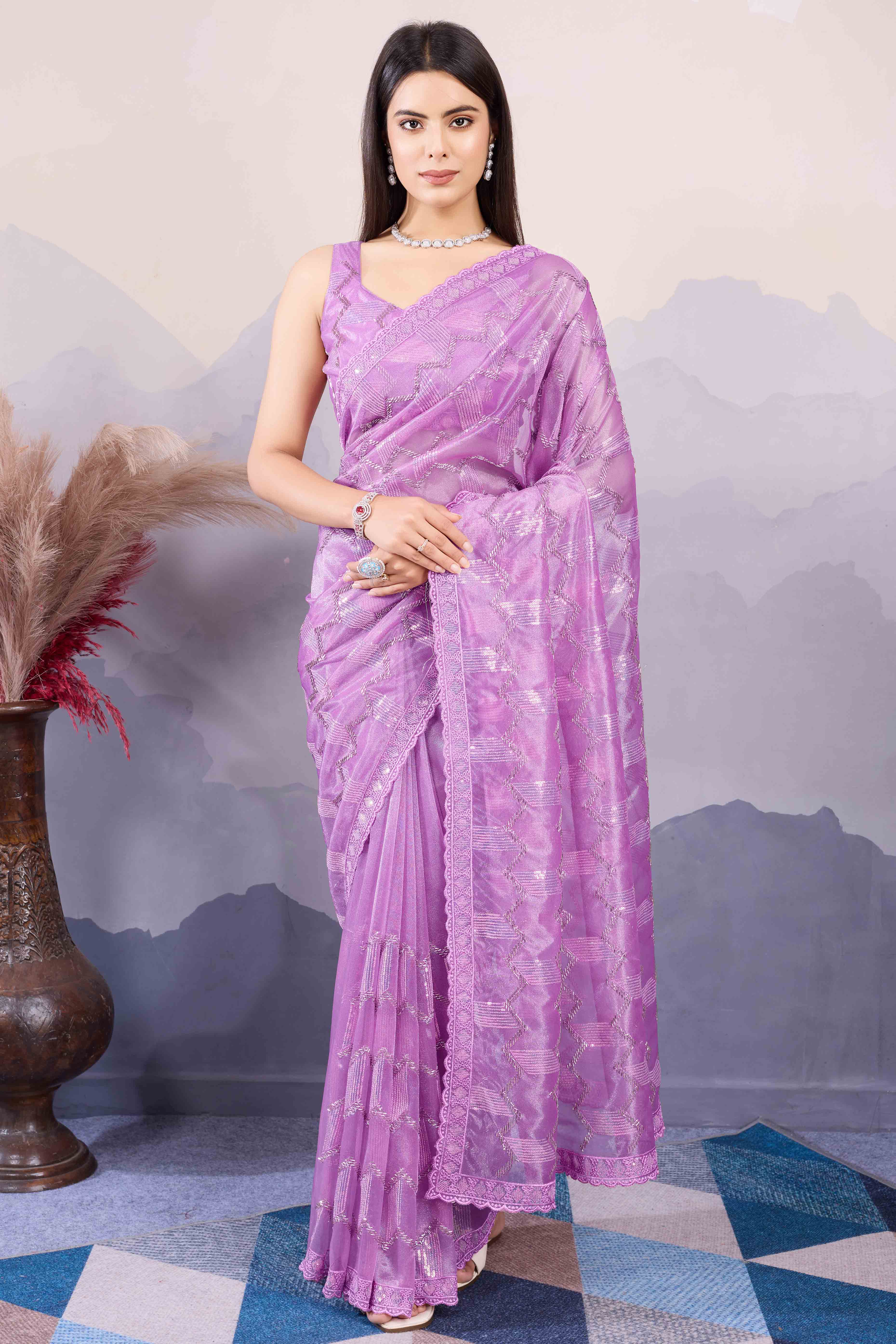 Purple Sequins Embroidered Twill Net Saree - Image 5