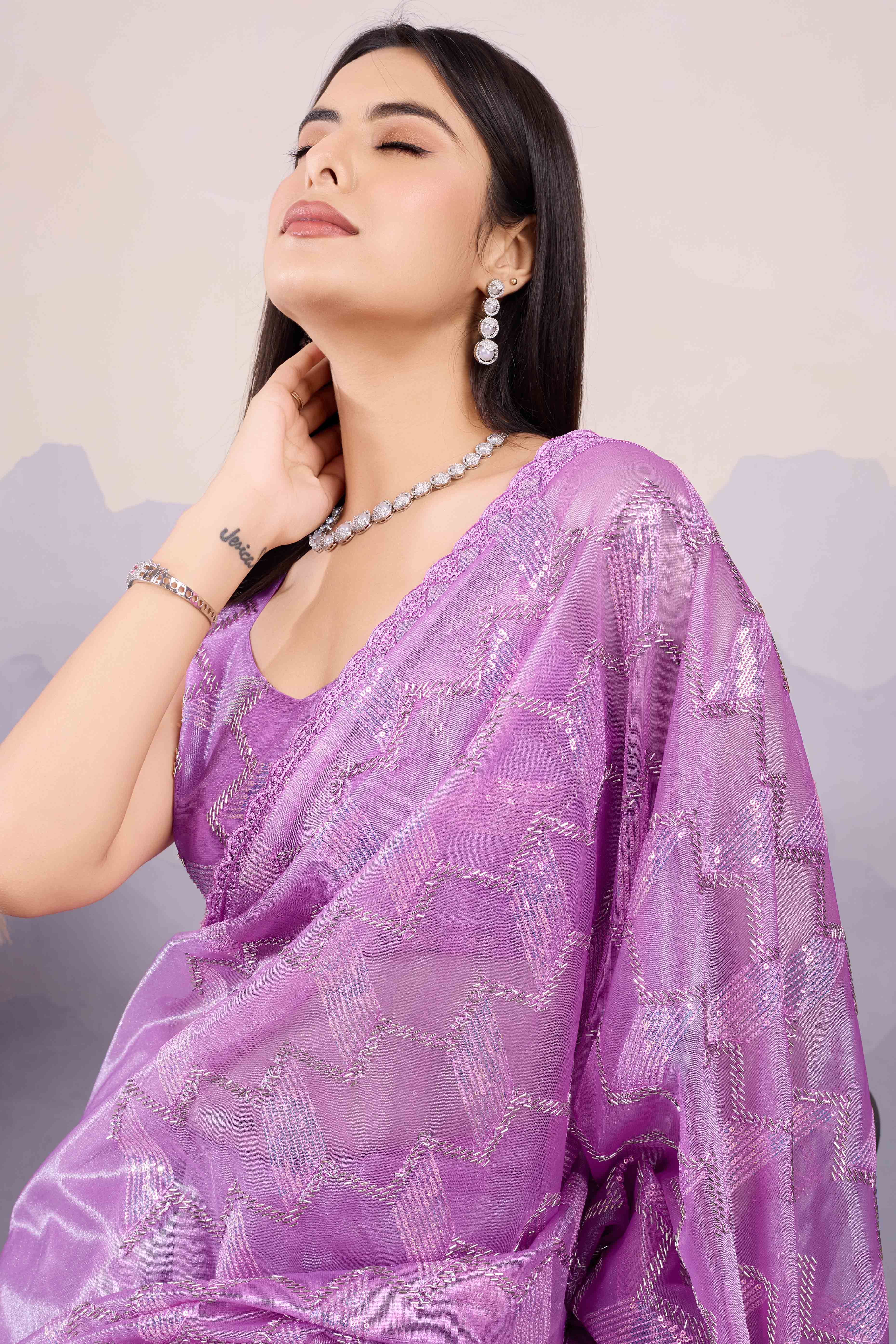 Purple Sequins Embroidered Twill Net Saree - Image 6
