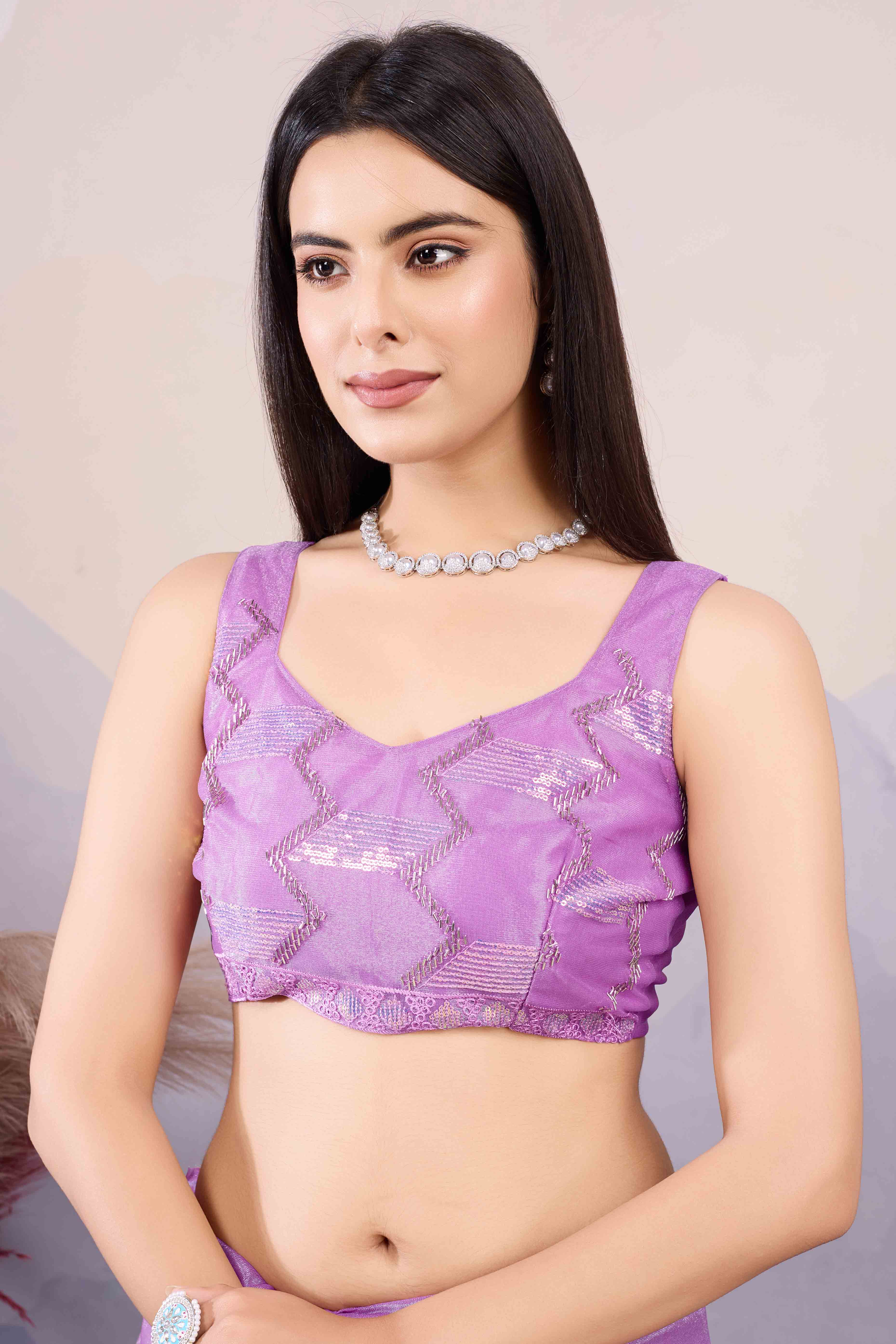Purple Sequins Embroidered Twill Net Saree - Image 7