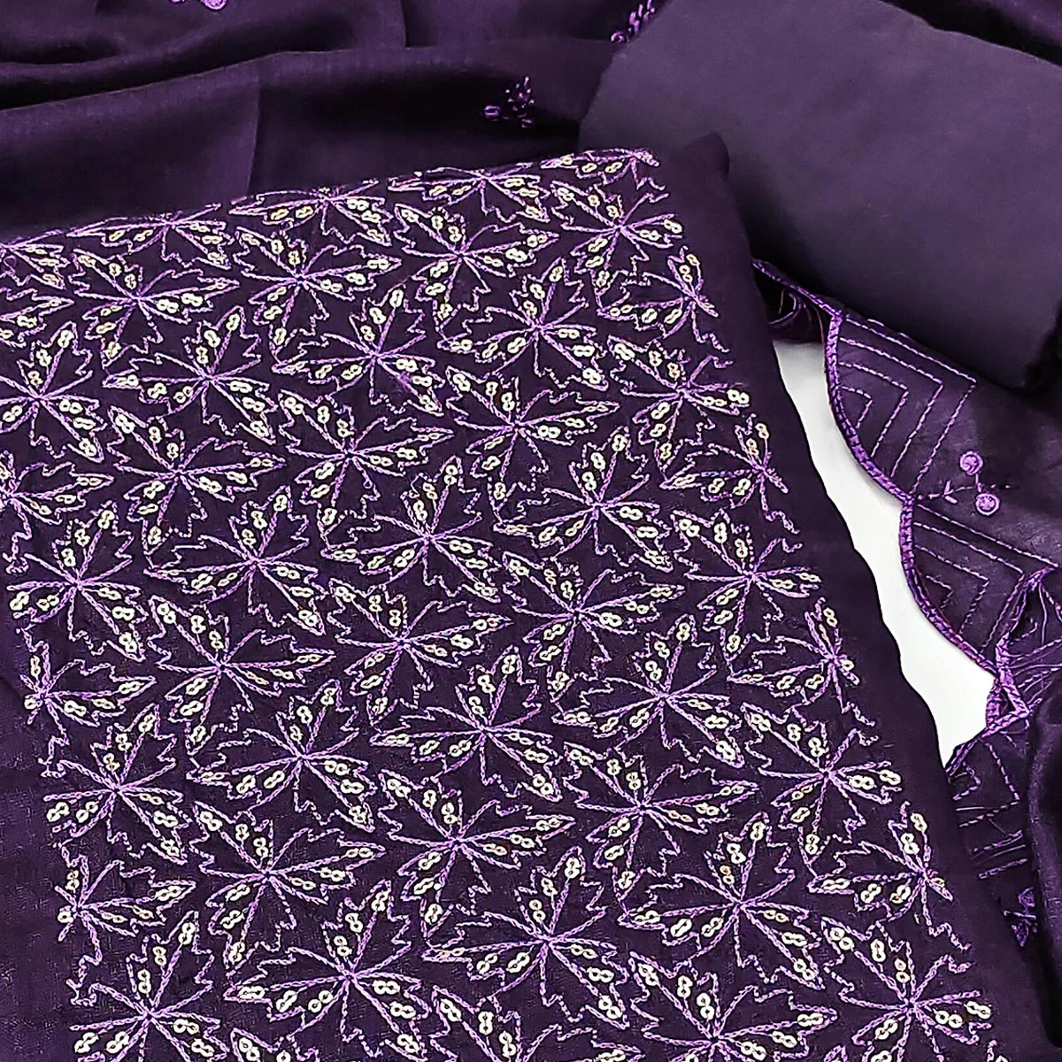 Purple Sequins Embroidered Vichitra Silk Dress Material - Image 2