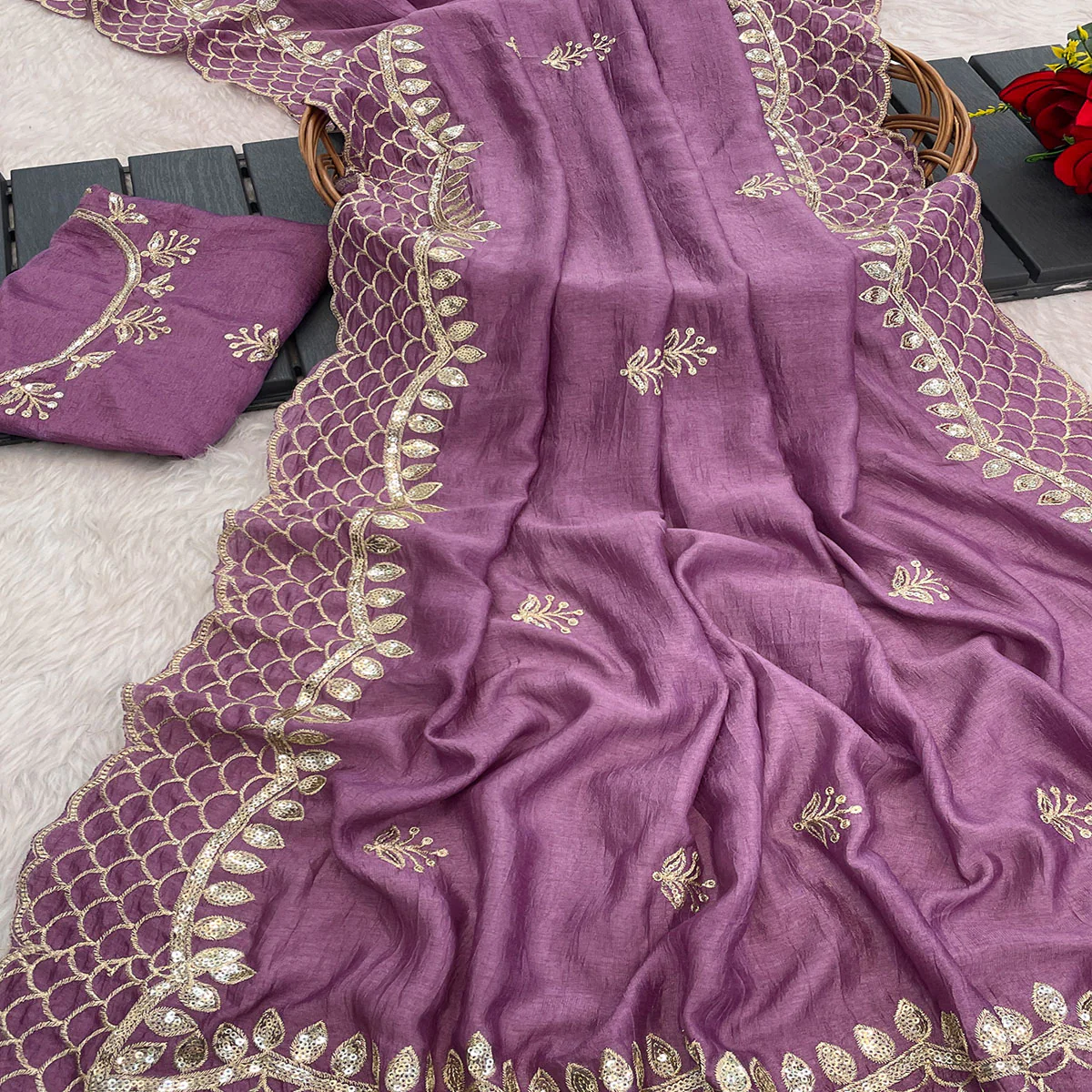 Purple Sequins Embroidered Vichitra Silk Saree - Image 2