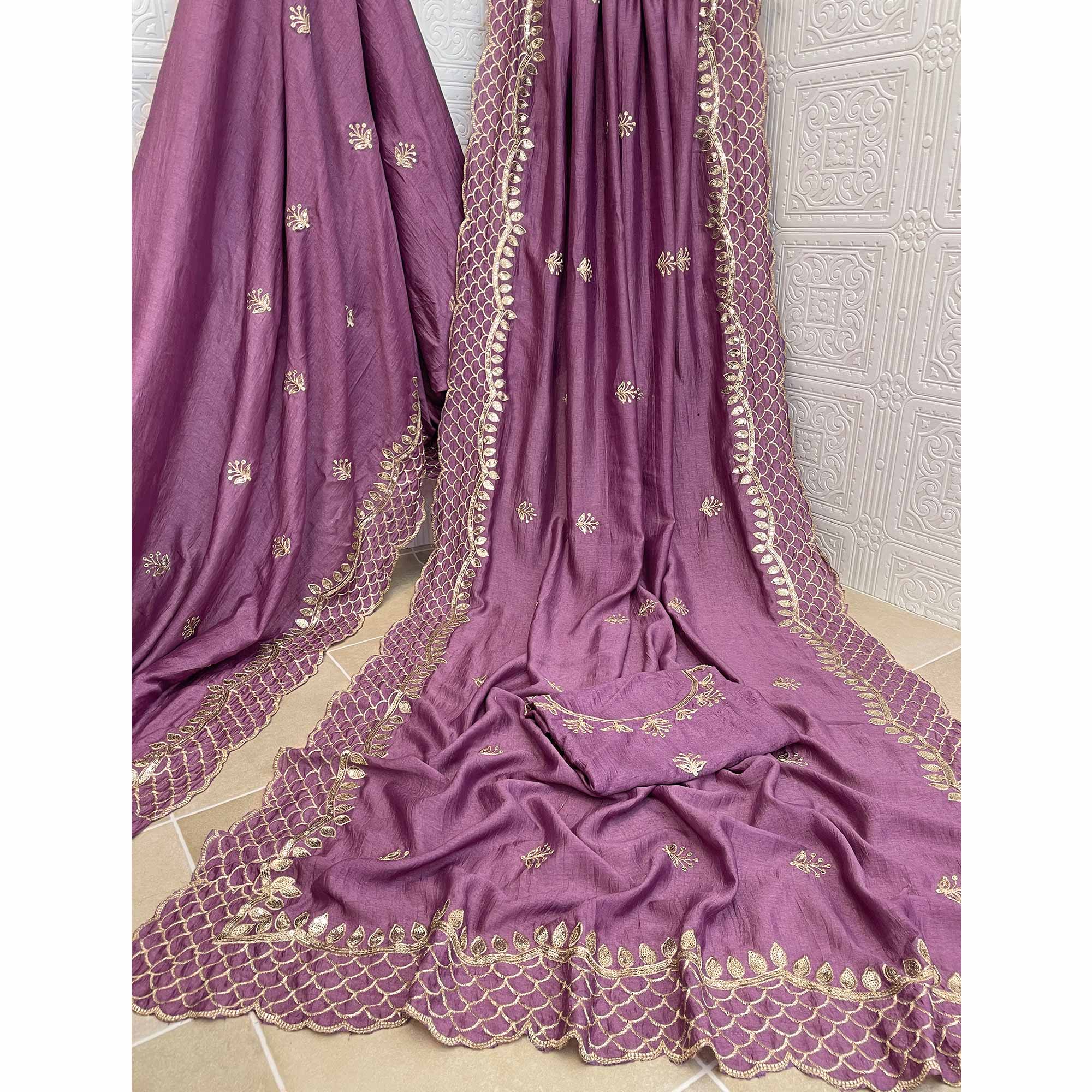 Purple Sequins Embroidered Vichitra Silk Saree - Image 3