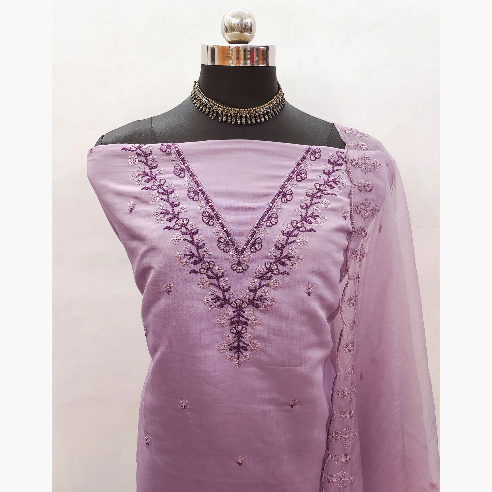 Purple Sequins Embroidered Viscose Dress Material - Image 4