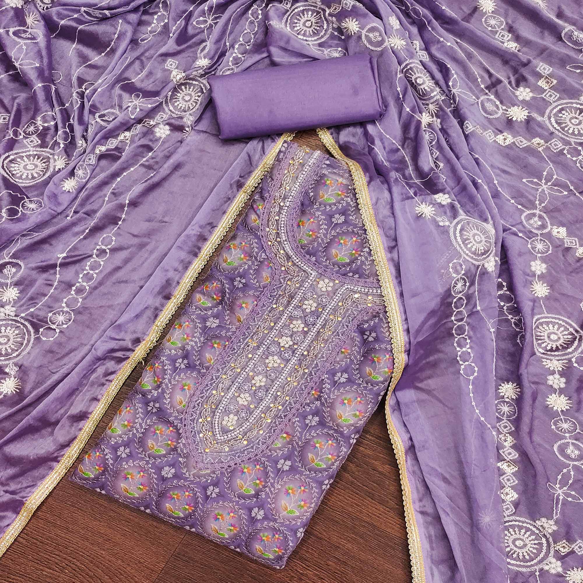 Purple Sequins Embroidery With Handwork Organza Dress Material - Image 3