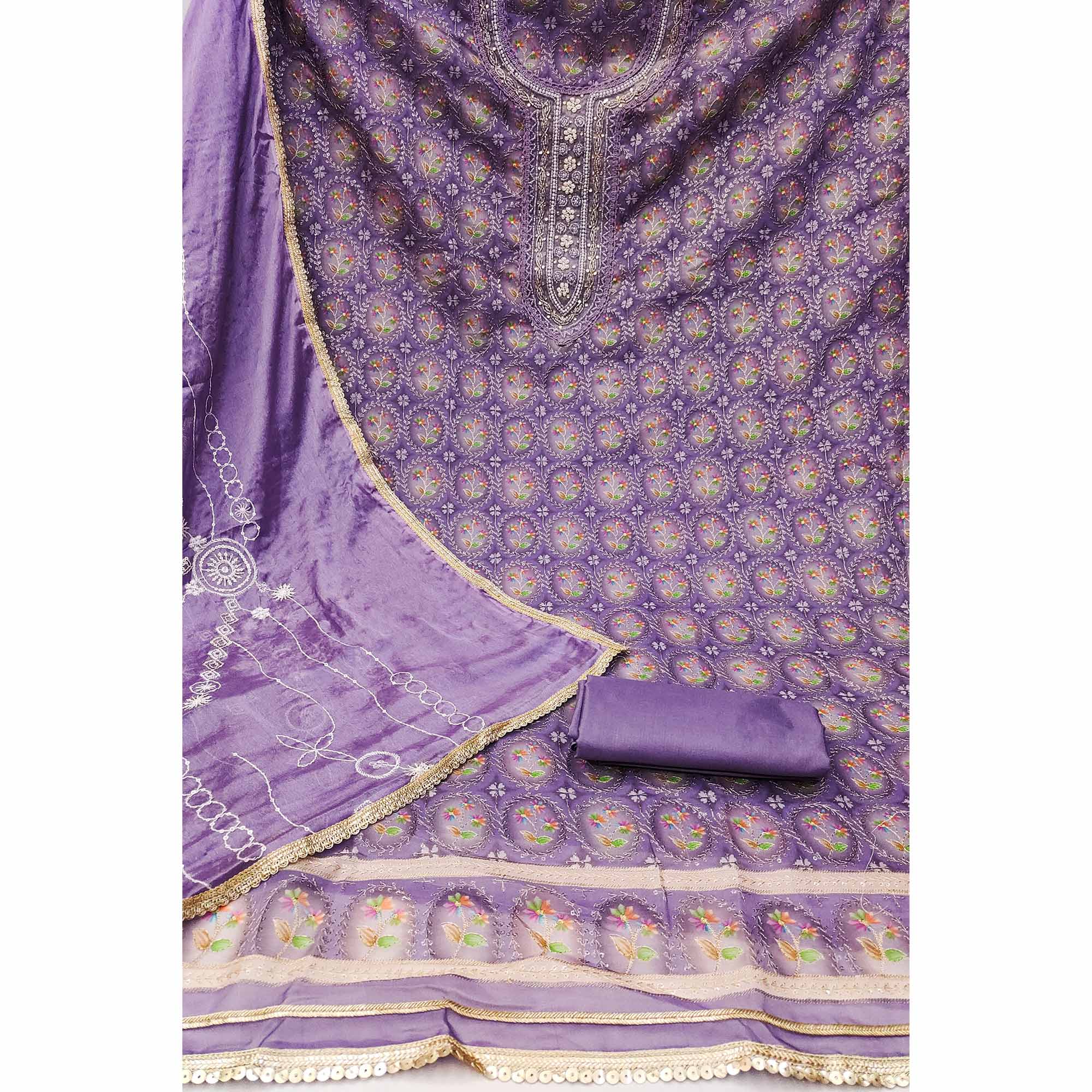 Purple Sequins Embroidery With Handwork Organza Dress Material - Image 4