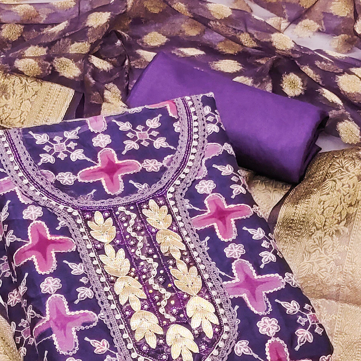 Purple Sequins Hand Embroidery Organza Dress Material - Image 2