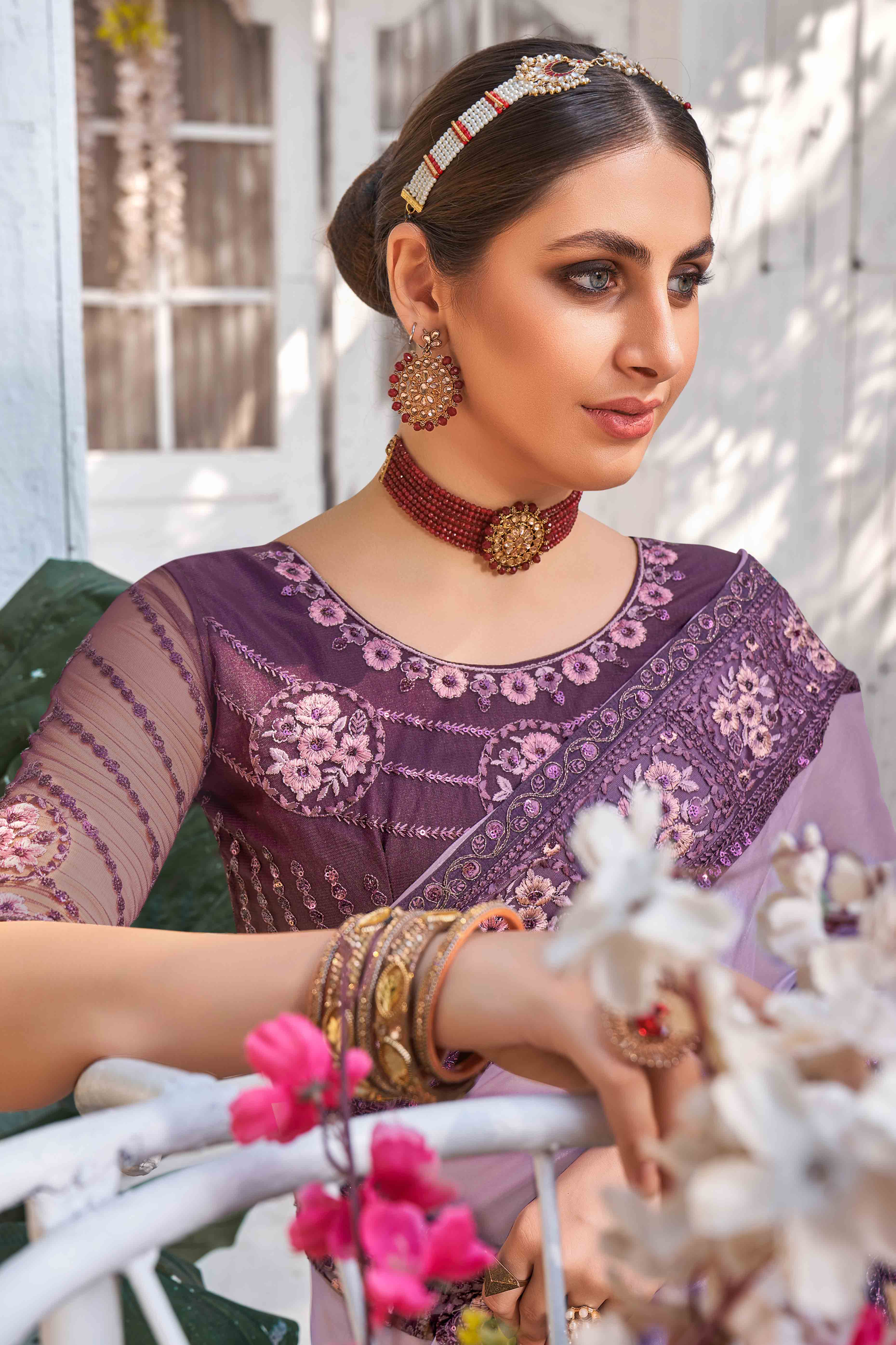 Purple Sequins With Floral Embroidered Georgette Saree - Image 3