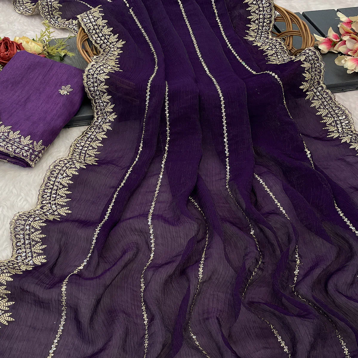 Purple Sequins Work Embroidered Chiffon Saree - Image 2
