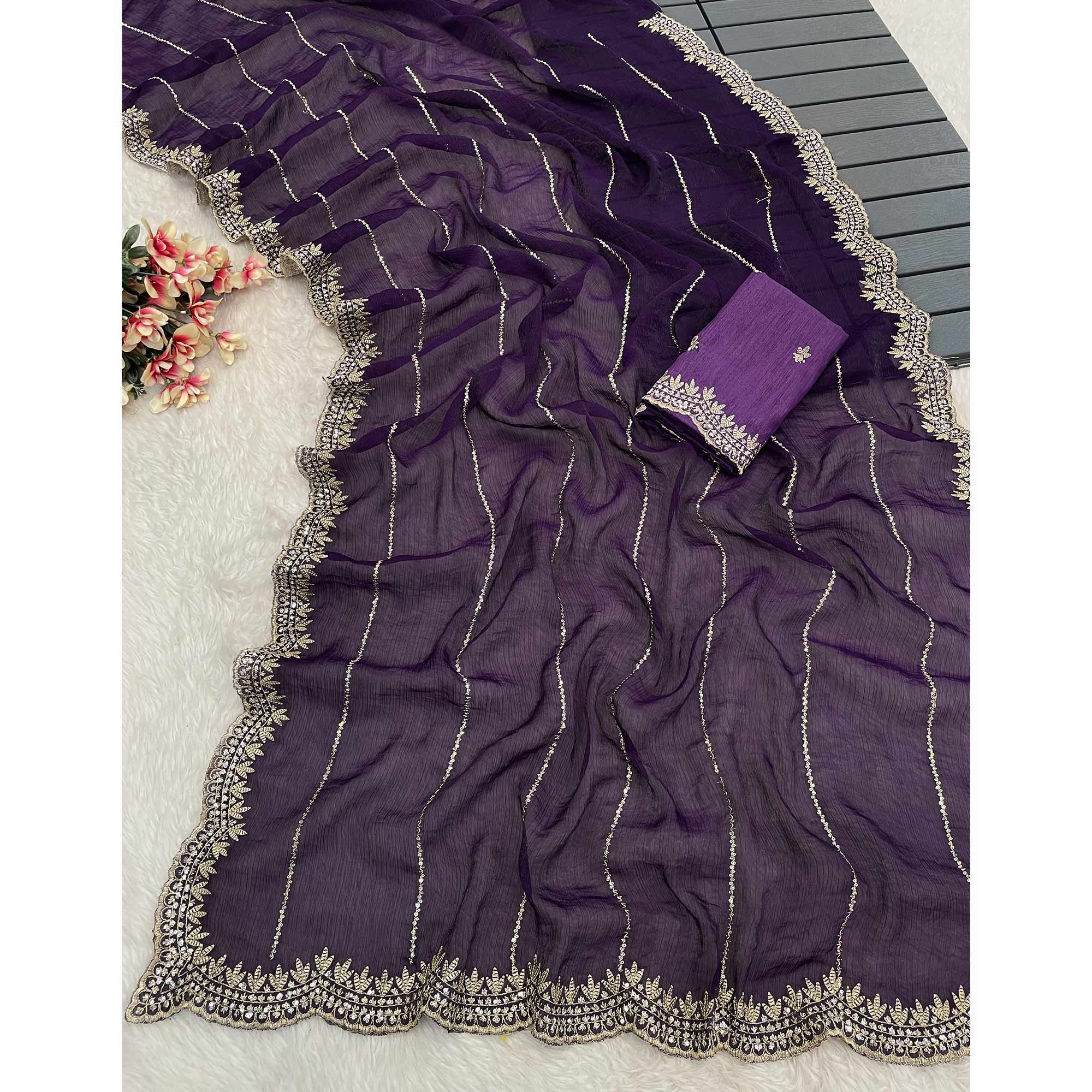 Purple Sequins Work Embroidered Chiffon Saree - Image 3