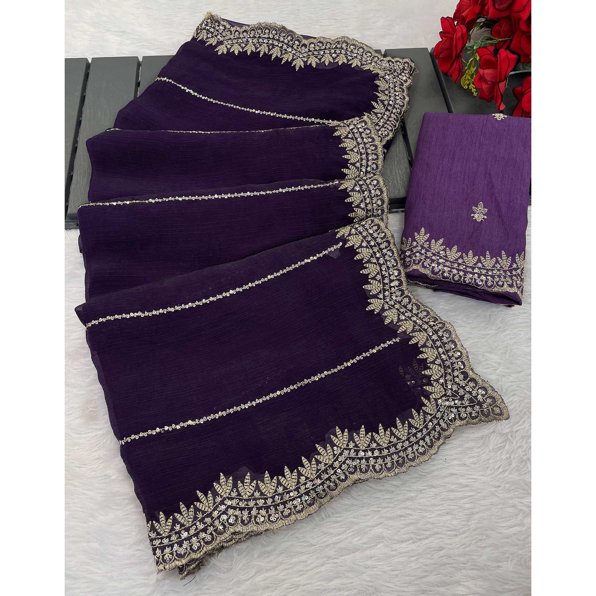 Purple Sequins Work Embroidered Chiffon Saree - Image 5
