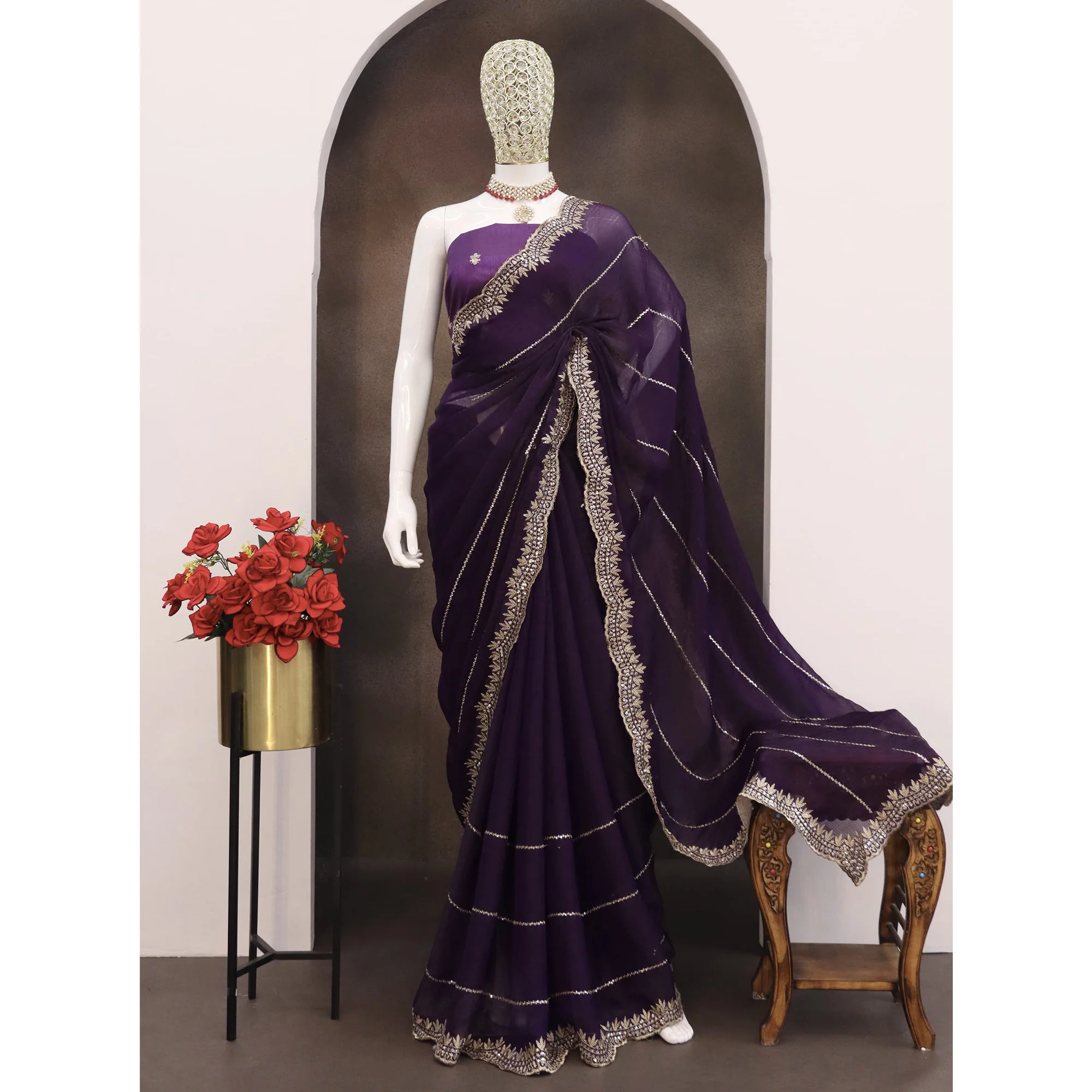 Purple Sequins Work Embroidered Chiffon Saree - Image 6
