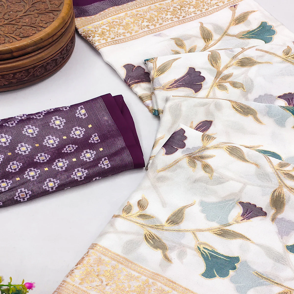 Purple Sheer Brasso Saree Embellished with Floral Foil Print - Image 2