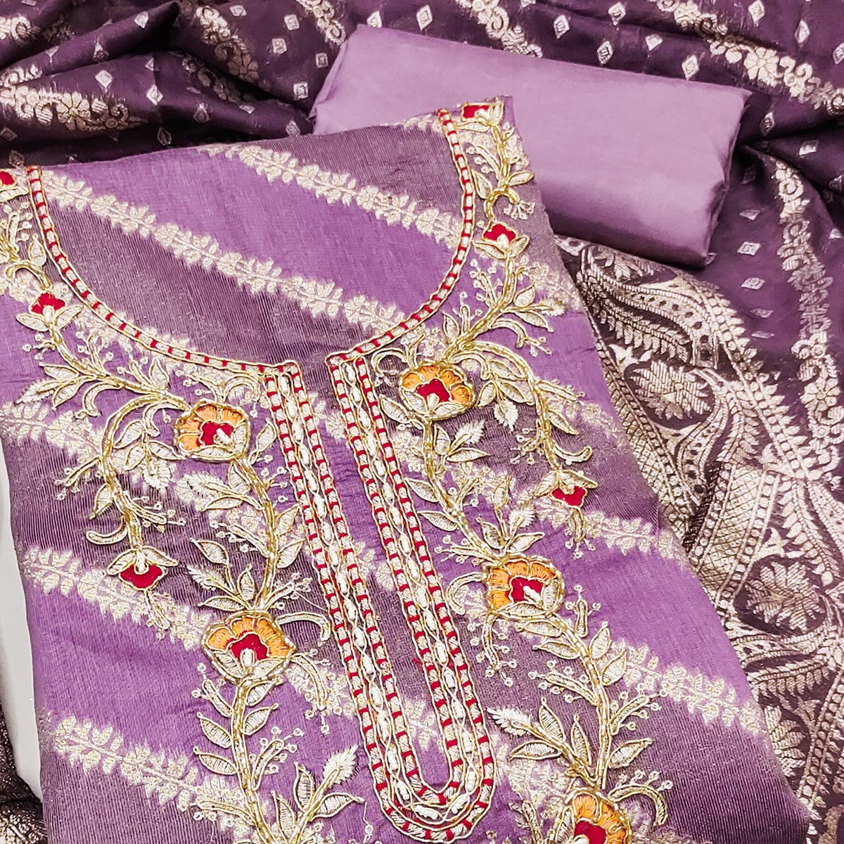 Purple Shimmer Cotton Silk Suit Material Featuring Zari Weaving and Artistic Embroidered Detailing - Image 2