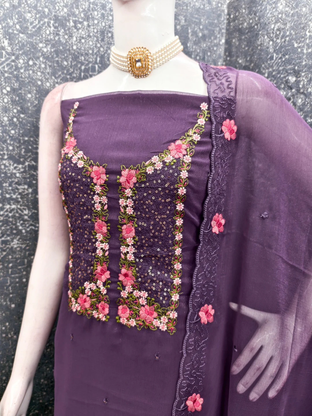 Purple Shimmer Dress Material with Floral Embroidery and Dupatta - Image 3