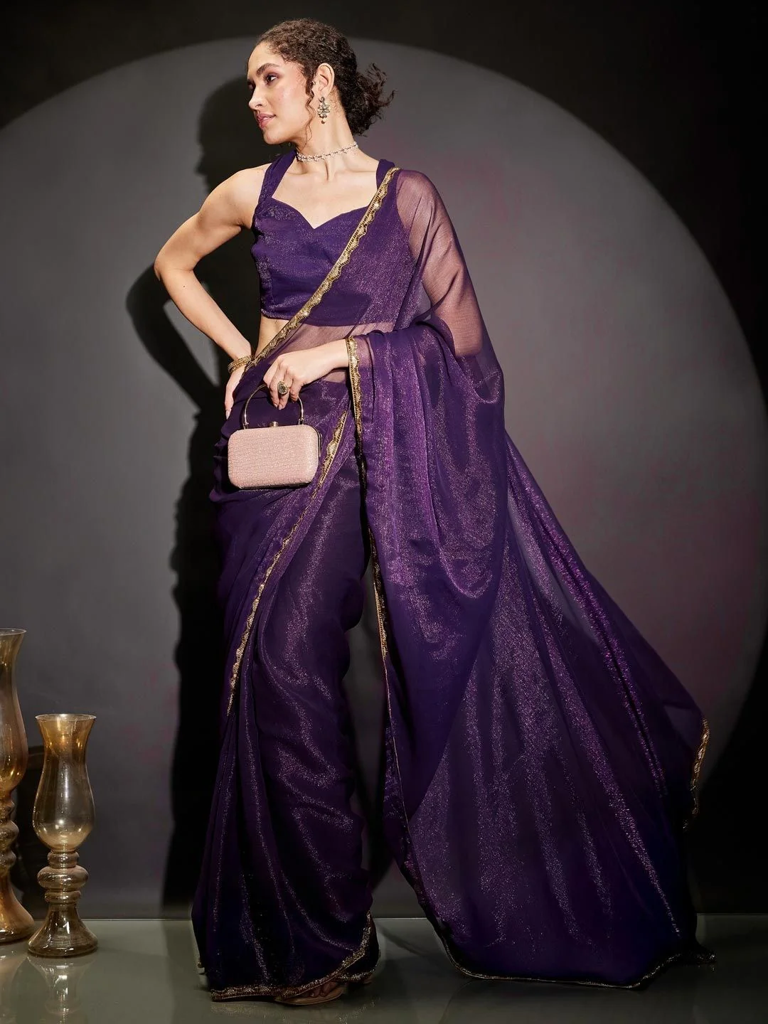 Purple Shimmer Solid Saree with Delicate Border Detailing
