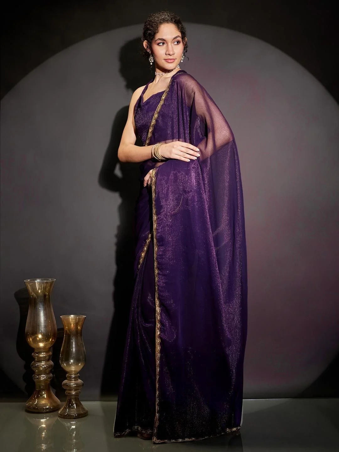 Purple Shimmer Solid Saree with Delicate Border Detailing - Image 2